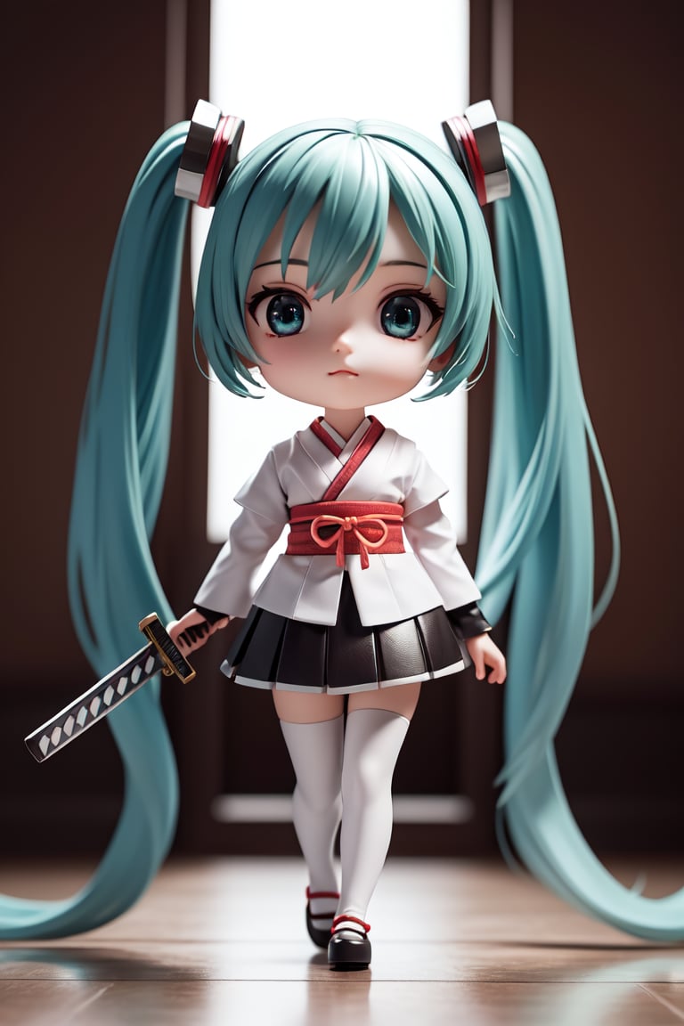 ((1 female)), Hatsune Miku, petite girl, full body, chibi, 3D figure little girl, green hair, twin tails, beautiful girl with attention to detail, beautiful delicate eyes, detailed face, beautiful eyes, Japan's Sengoku period samurai, wearing traditional red samurai armor, holding sword, female action poses, one-handed sword, detail, dynamic beautiful pose, dynamic pose, Gothic architecture, natural light, ((realistic) ) Quality: 1.2 )), Dynamic Distance Shot, Cinematic Lighting, Perfect Composition, Super Detail, Official Art, Masterpiece, (Best) Quality: 1.3), Reflections, High Resolution CG Unity 8K Wallpaper, Detailed Background, Masterpiece, (Photorealistic): 1.2), Random Angle, Side Angle, Chibi, Full Body, Mikdef,holding sword