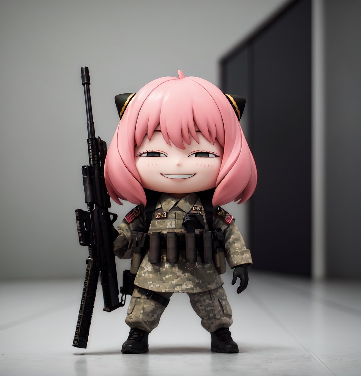 Masterpiece, highest quality, high resolution, PVC, rendering, chibi, high resolution, one girl, Anya Forger, pink hair, bob hair, military uniform, taskforce, weapon, gun, military  assault rifle,  holding weapon, digitalcamouflage,gloves,military vehicle, , gray eyes, smile, Selfish Target, Chibi, Mediterranean Cityscape, Smile, Smile, Self-Justice, Full Body, Chibi, 3D Figure, Toy, Doll, Character Print, Front View, Natural Light, ((Real)) 1.2)), Dynamic Pose, Medium movement, perfect cinematic perfect lighting, perfect composition,  anya_forger_spyxfamily,,Military