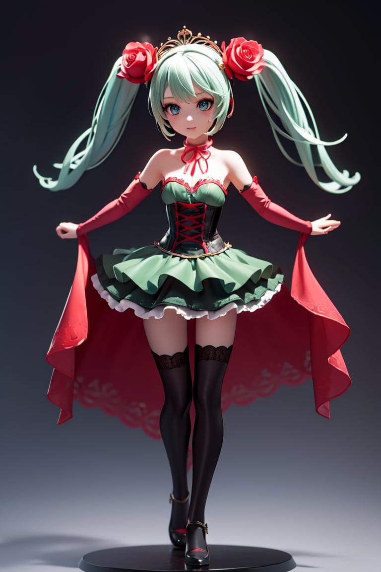 ((1 female)), Hatsune Miku, petite girl, full body, chibi, 3D figure little girl, green hair, twin tails, beautiful girl with attention to detail, beautiful delicate eyes, detailed face, beautiful eyes,neck ribbon, crown of thorns, thorns, (red cape, dress flower), detached sleeves, hair flower, hair ornament, long sleeves, black corset, long skirt, green dress, rose, strapless dress, long skirt, thighhighs, thighlet, green nails, dress flower, black thighhighs, female action poses,  detail, dynamic dancing pose, dynamic pose, Gothic architecture, natural light, ((realistic) ) Quality: 1.2 )), Dynamic Distance Shot, Cinematic Lighting, Perfect Composition, Super Detail, Official Art, Masterpiece, (Best) Quality: 1.3), Reflections, High Resolution CG Unity 8K Wallpaper, Detailed Background, Masterpiece, (Photorealistic): 1.2), Random Angle, Side Angle, Chibi, Full Body, Mikdef,destiny /(takt op./)