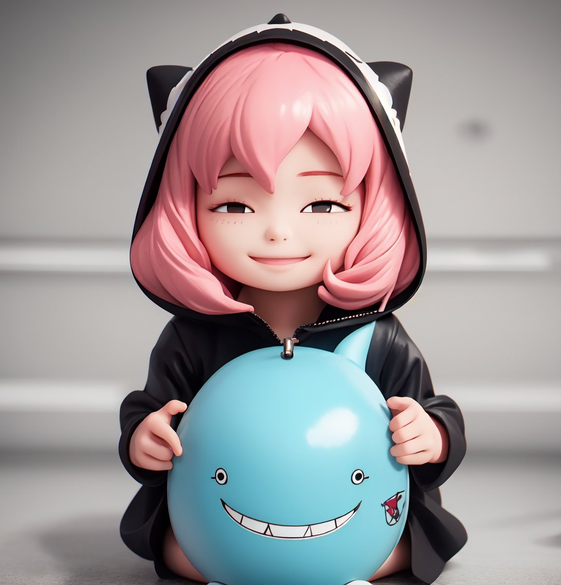 masterpiece, top quality, high resolution, PVC, render, chibi, high resolution, single woman, Anya Forger, pink hair, bob hair, Realistic SHARK hood, ppcp, graffiti background, grey eyes, smiling, selfish target, chibi, prohibition era city, smiling, grinning, self-satisfied, full body, chibi, 3D figure, toy, doll, character print, front view, natural light, ((realistic)) 1.2)), dynamic pose, medium movement, perfect cinematic perfect lighting, perfect composition, Anya Forger Spy x Family, , ppcp