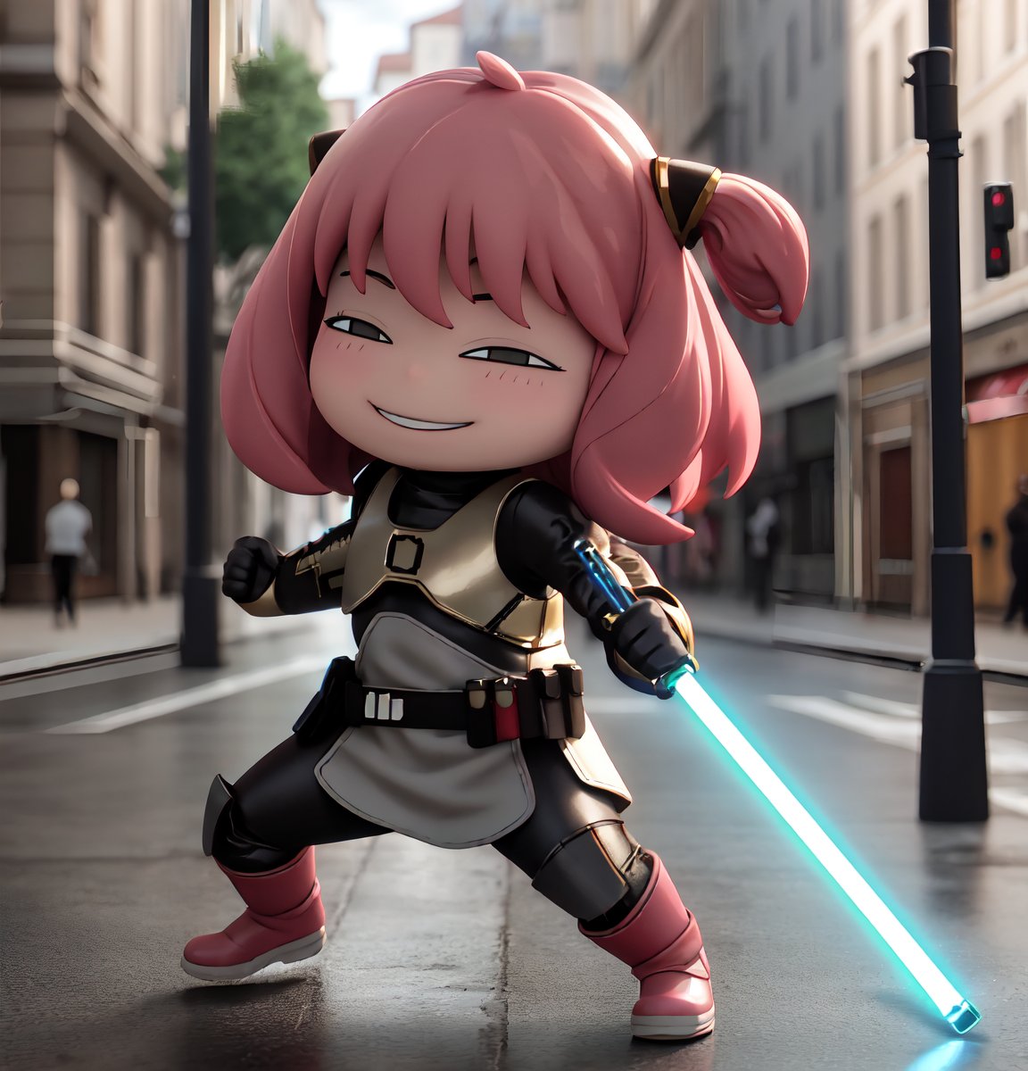 masterpiece, top quality, high resolution, PVC, render, chibi, high resolution, single woman, Anya Forger, pink hair, bob hair, Mandalorian costume, no helmet, pink Mandalorian armor, lightsaber, holding lightsaber, fighting stance, grey eyes, smiling, selfish target, chibi, prohibition era streetscape, smiling, grinning, self-satisfied, full body, chibi, 3d figure, toy, doll, character print, front view, natural light, ((realistic)) 1.2)), dynamic pose, medium movement, perfect cinematic perfect lighting, perfect composition, Anya Forger's Spy x Family, StarWMandalorian