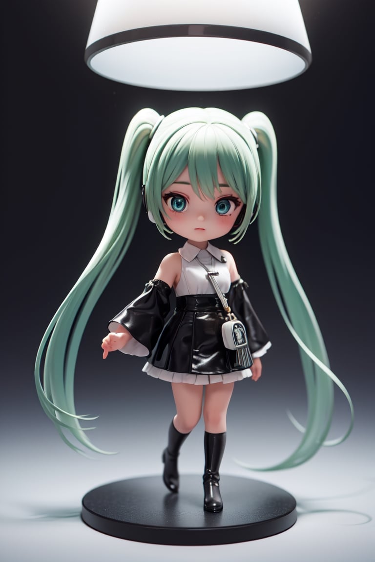 ((1 female)), Hatsune Miku, petite girl, full body, chibi, 3D figure little girl, green hair, twintails, beautiful girl with attention to detail, beautiful delicate eyes, detailed face, beautiful eyes, retro fashion Dress, holding green lightsaber, dynamic and beautiful pose, Star Wars world, natural light, ((real) ) quality: 1.2 )), dynamic long distance shot, cinematic lighting, perfect composition, super detail, Official Art, Masterpiece, (Best) Quality: 1.3), Reflections, High Resolution CG Unity 8K Wallpaper, Detailed Background, Masterpiece, (Photorealistic): 1.2), Random Angle, ((Retro Fashion Outfit 1.4)), side angle, chibi, full body, mikdef,