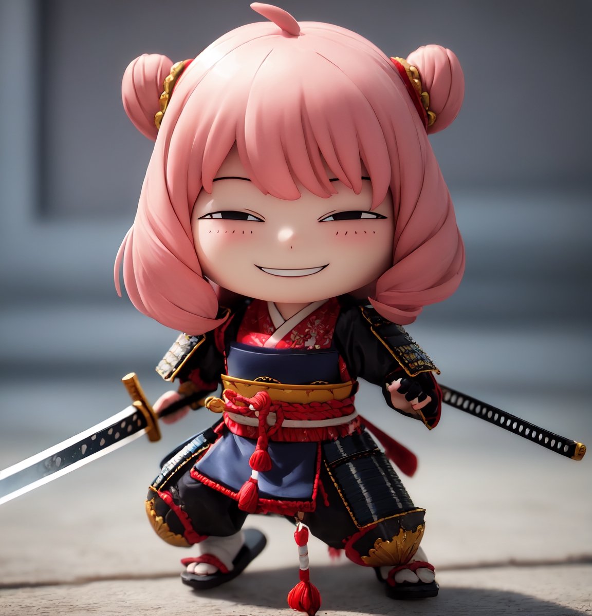 Masterpiece, Top Quality, High Resolution, PVC, Rendering, Chibi, High Resolution, One Girl, Anya Forger, Pink Hair, Bob Hair, Japanese Warring States Period Samurai, Wearing Traditional Samurai Armor, Holding a Sword Poised, Gray Eyes, Smile, Selfish Target, Chibi, Mediterranean Cityscape, Smile, Smile, Self-righteousness, Full Body, Chibi, 3D Figure, Toy, Doll, Character Print, Front View, Natural Light, ((Real)) 1.2)), dynamic pose, medium movement, perfect cinematic perfect lighting, perfect composition, anya_forger_spyxfamily, samurai