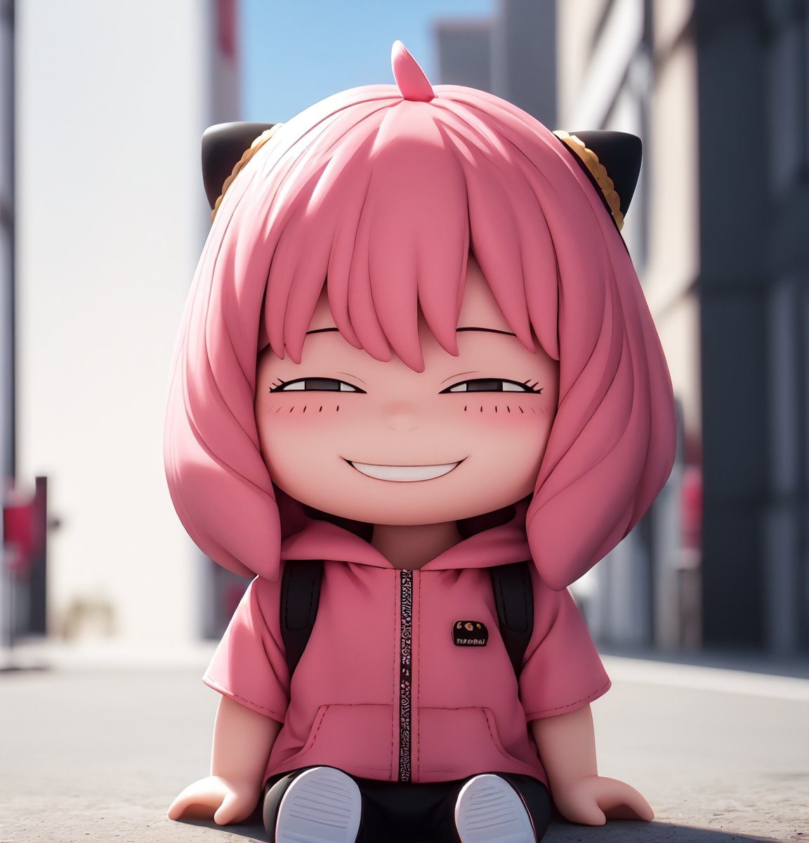masterpiece, top quality, high resolution, PVC, render, chibi, high resolution, single woman, Anya Forger, pink hair, bob hair, Realistic hood, ppcp, graffiti background, grey eyes, smiling, selfish target, chibi, prohibition era city, smiling, grinning, self-satisfied, full body, chibi, 3D figure, toy, doll, character print, front view, natural light, ((realistic)) 1.2)), dynamic pose, medium movement, perfect cinematic perfect lighting, perfect composition, Anya Forger Spy x Family, , ppcp