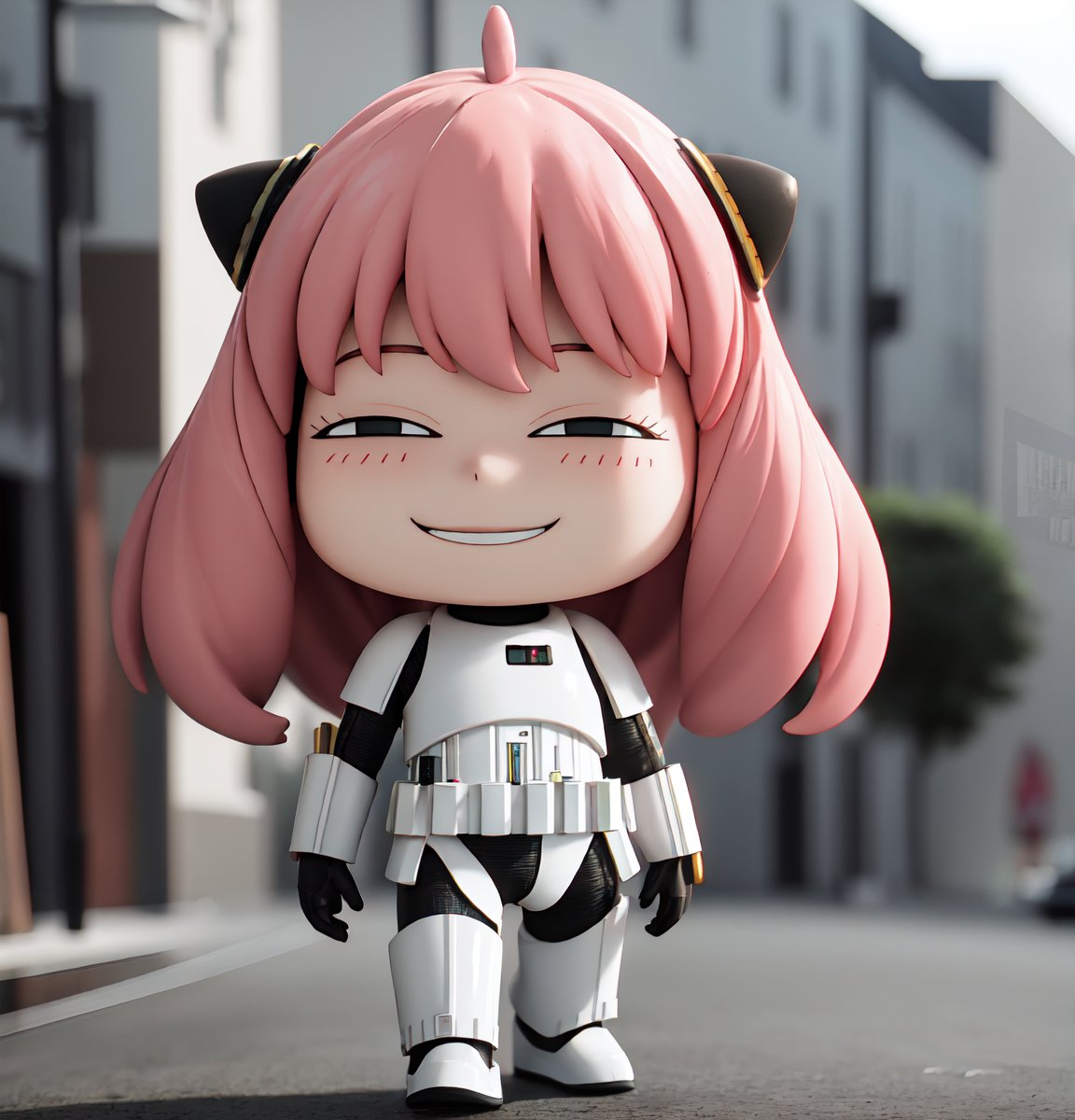 masterpiece, top quality, high resolution, PVC, render, chibi, high resolution, single woman, Anya Forger, pink hair, bob hair, StormTrooper, armor, grey eyes, smiling, selfish target, chibi, prohibition era streetscape, smiling, grinning, self-satisfied, full body, chibi, 3d figure, toy, doll, character print, front view, natural light, ((realistic)) 1.2)), dynamic pose, medium movement, perfect cinematic perfect lighting, perfect composition, Anya Forger spy x family, StormTrooper