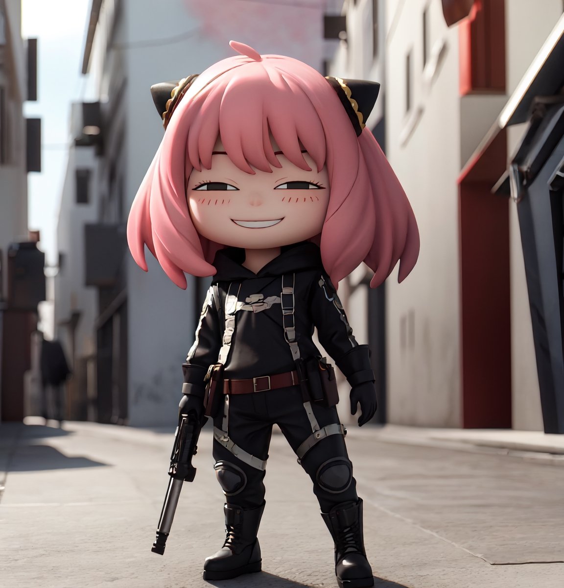 Masterpiece, highest quality, high resolution, PVC, rendering, chibi, high resolution, one girl, Anya Forger, pink hair, bob hair, post-apocalypic_fashion, gray eyes, smile, Selfish Target, Chibi, Mediterranean Cityscape, Smile, Smile, Self-Justice, Full Body, Chibi, 3D Figure, Toy, Doll, Character Print, Front View, Natural Light, ((Real)) 1.2)), Dynamic Pose, Medium movement, perfect cinematic perfect lighting, perfect composition, post-apocalypic_fashion anya_forger_spyxfamily,post-apocalypic_fashion