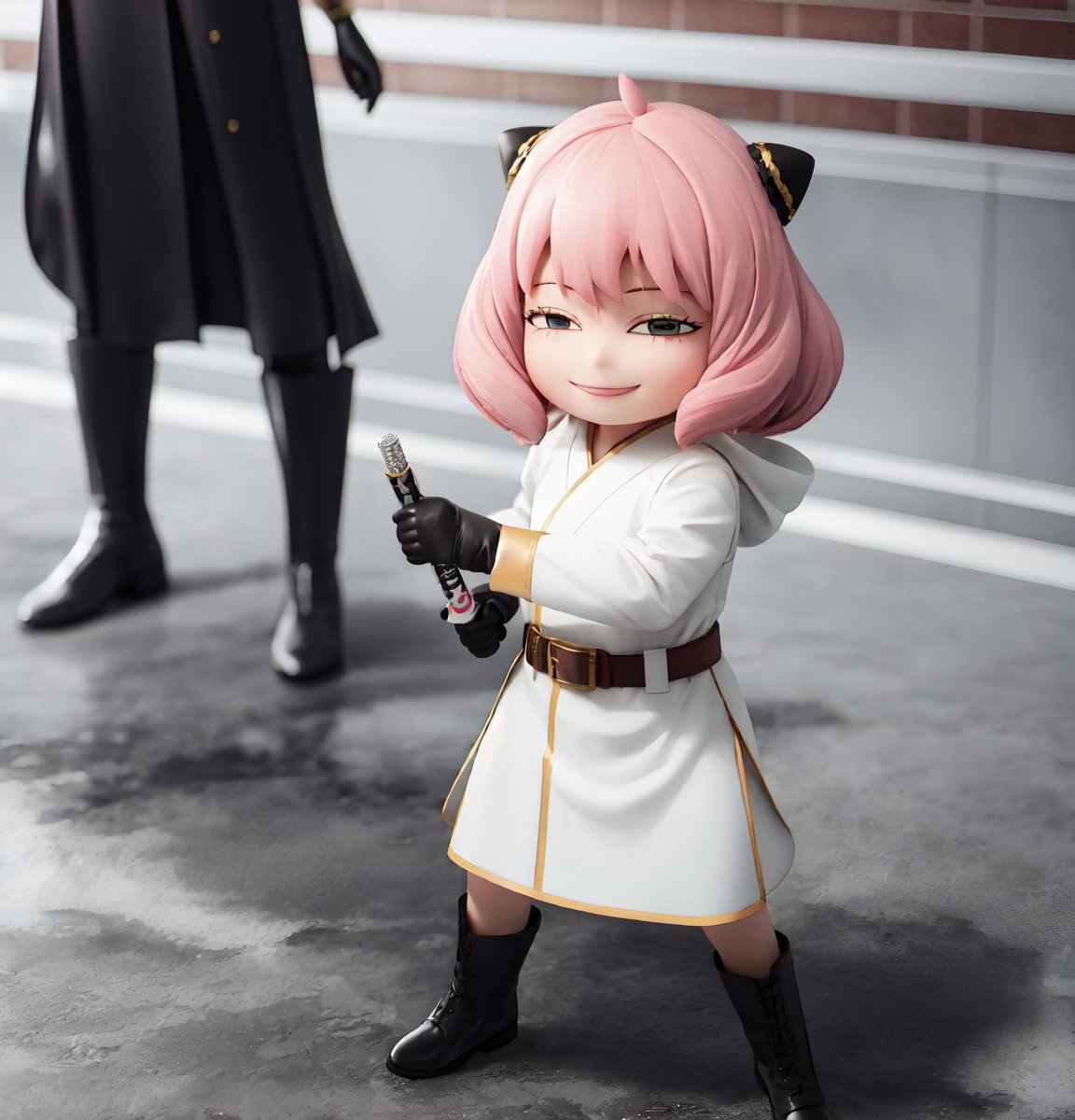 masterpiece, top quality, high resolution, PVC, render, chibi, high resolution, single woman, Anya Forger, pink hair, bob hair,  JediOutfit, robe, belt, boots, single braid, side braid, hood up, vambraces, black gloves, belt, holding Blue lightsaber, fighting stance, brown shirt, greaves, grey eyes, smiling, selfish target, chibi, prohibition era streetscape, smiling, grinning, self-satisfied, full body, chibi, 3d figure, toy, doll, character print, front view, natural light, ((realistic)) 1.2)), dynamic pose, medium movement, perfect cinematic perfect lighting, perfect composition, Anya Forger spy x family, JediStyle,JediOutfit