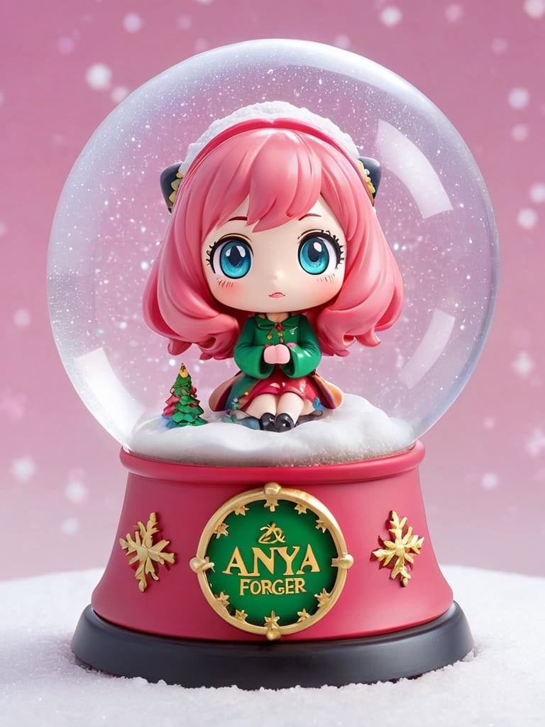 Detailmaster2, top quality, super detailed, Christmas Anya Forger snow globe, Anya Forger, Chibi, 3D figure, SPY x FAMILY, pink hair, winter, Christmas, very sharp, perfect shape, completely Round snow globe, snow falling inside, add colorful lights, beautiful decorative base,,
, photo r3al