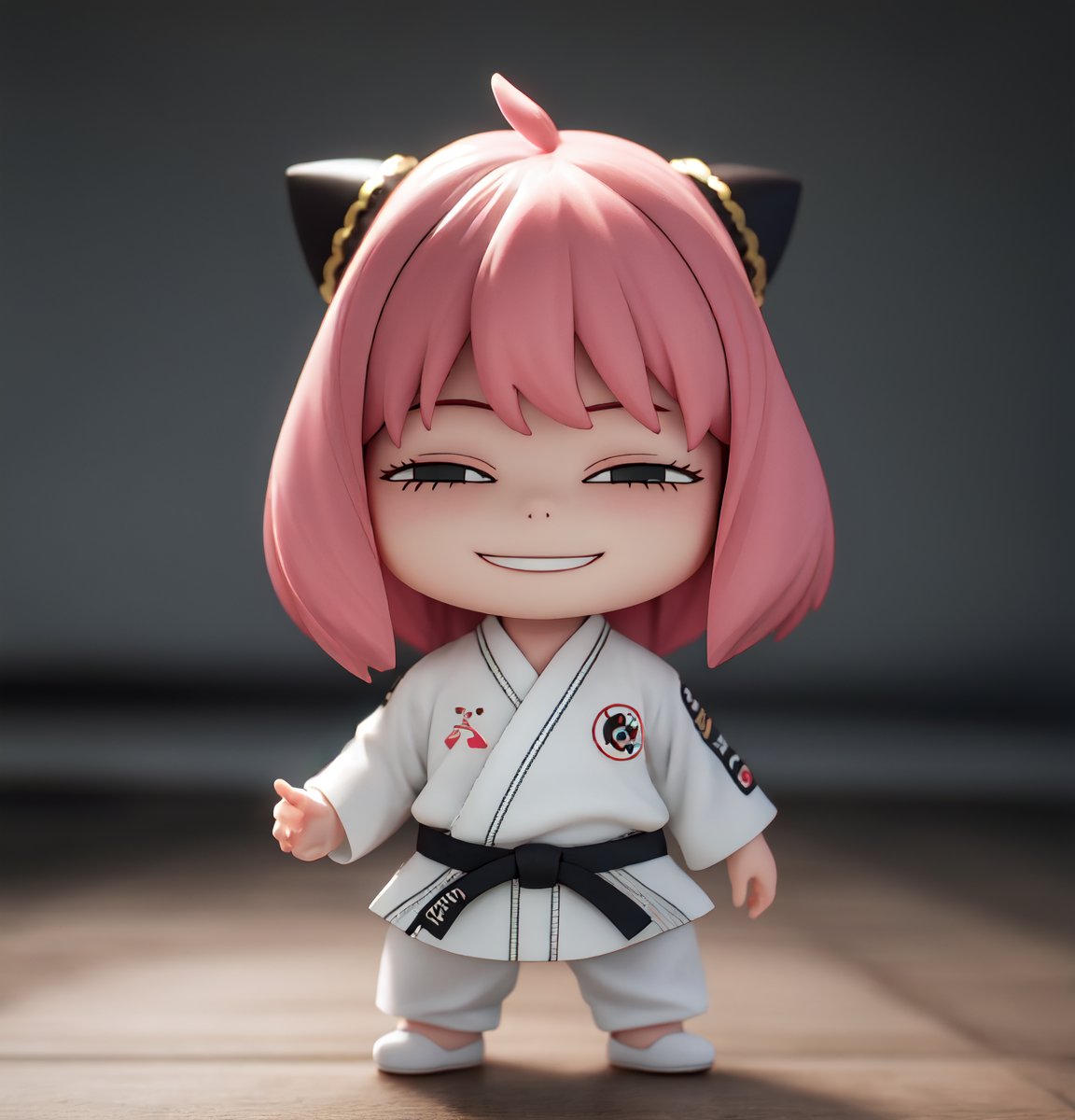 masterpiece, best quality, high resolution, PVC, render, chibi, high resolution, single woman, Anya Forger, pink hair, bob hair, grey eyes, smiling, selfish target, judo, wearing judo wear, cheering, judo hall, chibi, smiling, grinning, self-satisfied, full body, chibi, 3D figure, toy, doll, character print, front view, natural light, ((realistic)) 1.2)), dynamic pose, medium movement, perfect cinematic perfect lighting, perfect composition, Anya Forger Spy x Family,