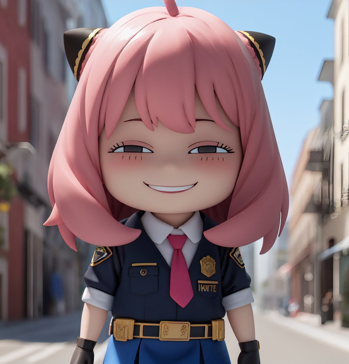 masterpiece, top quality, high resolution, PVC, render, chibi, high resolution, single woman, Anya Forger, pink hair, bob hair, police uniform, collared shirt, belt, blue skirt, blue necktie, gloves, grey eyes, smiling, selfish target, chibi, prohibition era streetscape, smiling, grinning, self-satisfied, full body, chibi, 3d figure, toy, doll, character print, front view, natural light, ((realistic)) 1.2)), dynamic pose, medium movement, perfect cinematic perfect lighting, perfect composition, Anya Forger spy x family, ValkyriePoliceStudent