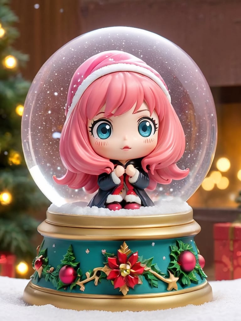 Detailmaster2, top quality, super detailed, Christmas Anya Forger snow globe, Anya Forger, Chibi, 3D figure, SPY x FAMILY, pink hair, winter, Christmas, very sharp, perfect shape, completely Round snow globe, snow falling inside, add colorful lights, beautiful decorative base,,
, photo r3al