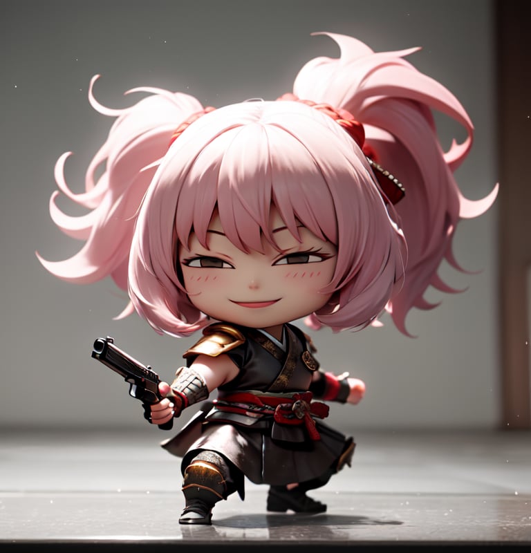 masterpiece, top quality, high resolution, PVC, render, chibi, high resolution, 1 girl, solo, Anya Forger, pink hair, bob hair, Samurai from the Sengoku period of Japan, wearing traditional Samurai armor, pink Samurai armor, holding a pistol, dual pistols, female action pose, grey eyes, smiling, selfish target, chibi, Mediterranean cityscape, smiling, smiling, smugness, full body, chibi, 3d figure, toy, doll, character print, front view, natural light, ((realistic)) 1.2)), dynamic pose, medium movement, perfect cinematic perfect lighting, perfect composition, anya_forger_spyxfamily, samurai, holding a pistol, dual pistols, armor, xuer pistol