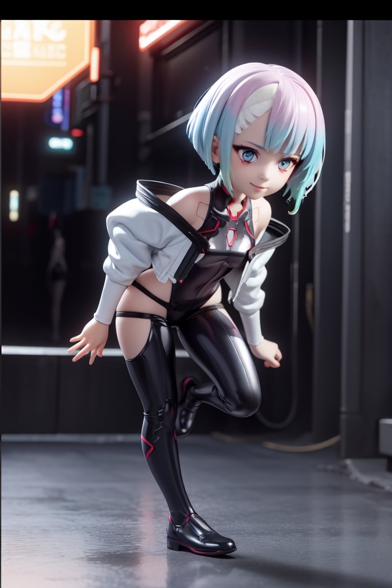 ((1 person)), Hatsune Miku, petite girl, full body, chibi, 3D figure girl, Lucy,  Cyberpunk Edgerunners, beautiful girl with great detail, beautiful and delicate eyes, face with great detail, beautiful eyes, evil smile, dynamic beautiful pose, dynamic pose, cplucy, jacket, open jacket, black leotard, bare shouldersgothic architecture, natural light, ((real)) quality: 1.2), dynamic distance shot, cinematic lighting, perfect composition, super detail, official art, masterpiece, (best) quality: 1.3), reflection, high resolution CG Unity 8K wallpaper, detailed background, masterpiece, (photorealistic): 1.2), random angle, side angle, chibi, full body, mikdef, Enma Ai