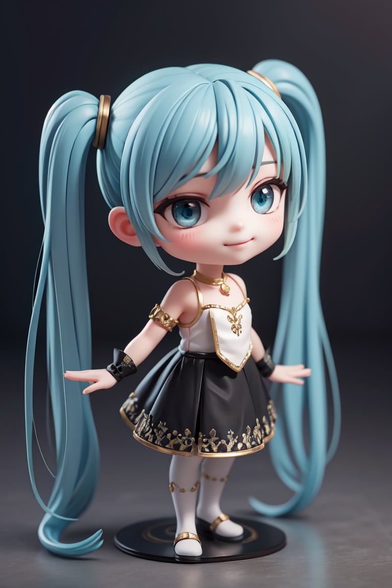 ((1 person)), Hatsune Miku, petite girl, full body, chibi, 3D figure girl, green hair, twin tails, beautiful girl with great detail, beautiful and delicate eyes, face with great detail, beautiful eyes, 
wearing wrenchpjbss, dupatta, embroidery, black dress, evil smile, dynamic beautiful pose, dynamic pose, gothic architecture, natural light, ((real)) quality: 1.2), dynamic distance shot, cinematic lighting, perfect composition, super detail, official art, masterpiece, (best) quality: 1.3), reflection, high resolution CG Unity 8K wallpaper, detailed background, masterpiece, (photorealistic): 1.2), random angle, side angle, chibi, full body, mikdef, ,white dress,wearing wrenchpjbss