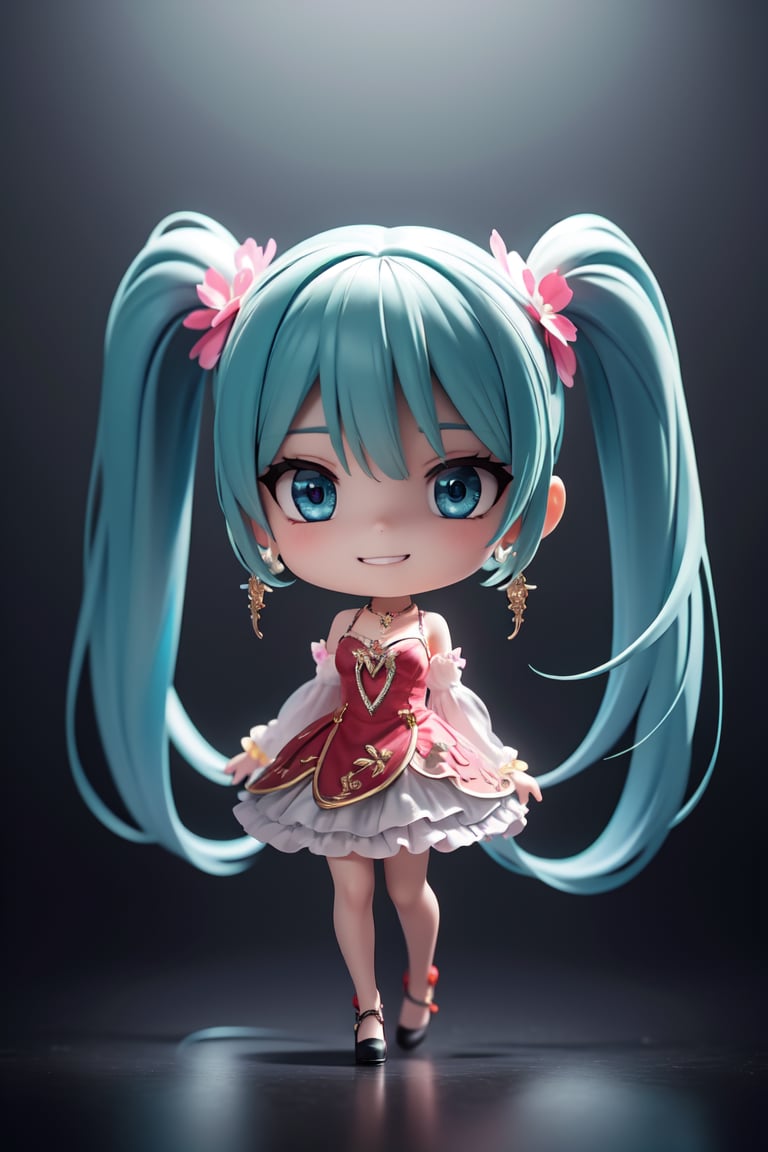 ((1 female)), Hatsune Miku, petite girl, full body, chibi, 3D figure little girl, green hair, twintails, beautiful girl with attention to detail, beautiful delicate eyes, detailed face, beautiful eyes,embroidery, accessories, necklace, earrings, reflection, evil grin,   red dress, frills, detached sleeves, frilled choker, , jewelrydetail, dynamic beautiful pose, dynamic pose, gothic architecture, natural light, ((real)) Quality: 1.2 )), Dynamic Distance Shot, Cinematic Lighting, Perfect Composition, Super Detail, Official Art, Masterpiece, (Best) Quality: 1.3), Reflections, High Resolution CG Unity 8K Wallpaper , Detailed Background, Masterpiece, ( Photorealistic): 1.2), random angle, side angle, chibi, whole body, mikdef,wrenchfaeflare