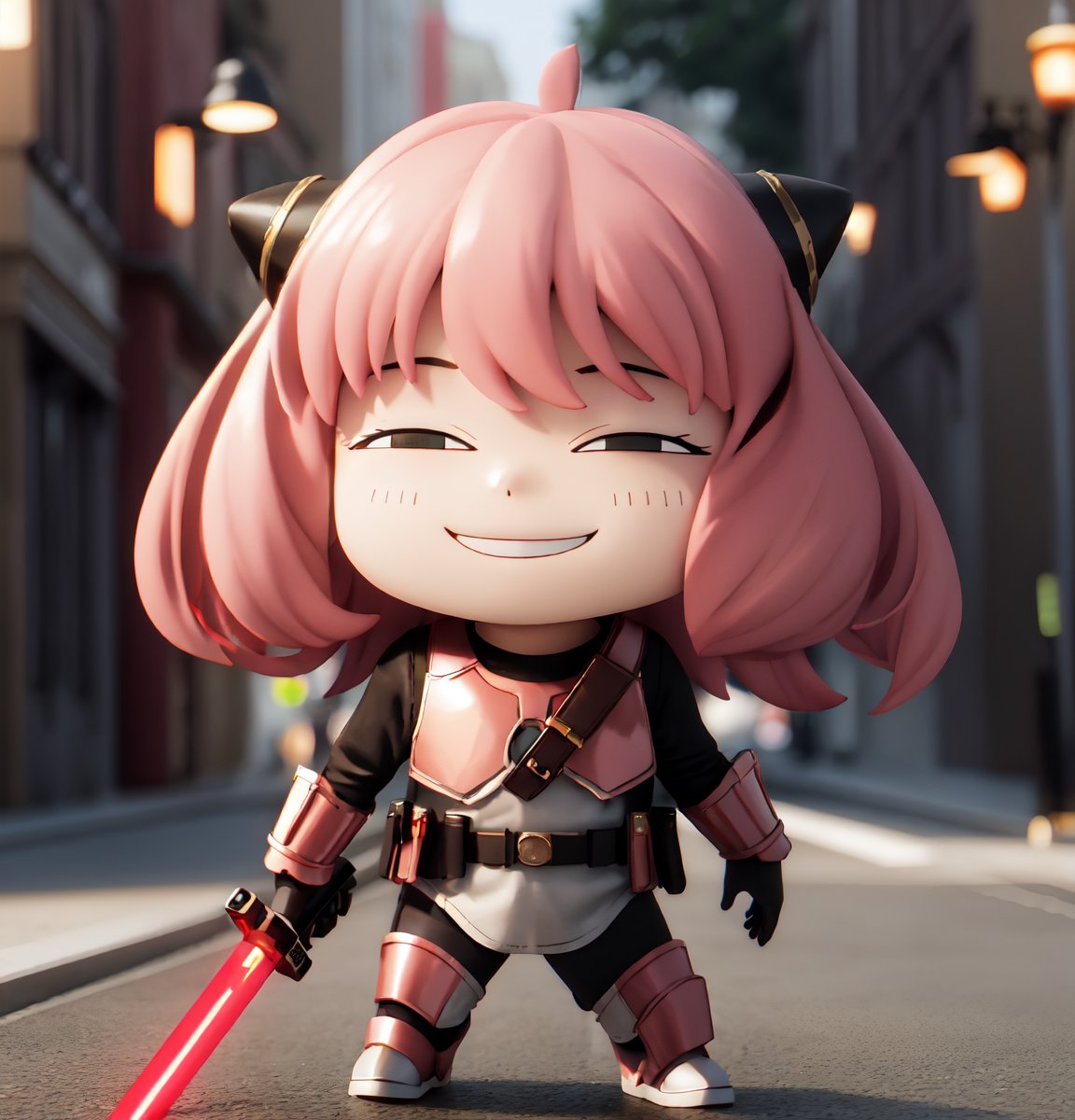 masterpiece, top quality, high resolution, PVC, render, chibi, high resolution, single woman, Anya Forger, pink hair, bob hair, Mandalorian costume, no helmet, pink Mandalorian armor, lightsaber, holding lightsaber, grey eyes, smiling, selfish target, chibi, prohibition era streetscape, smiling, grinning, self-satisfied, full body, chibi, 3d figure, toy, doll, character print, front view, natural light, ((realistic)) 1.2)), dynamic pose, medium movement, perfect cinematic perfect lighting, perfect composition, Anya Forger's Spy x Family, StarWMandalorian