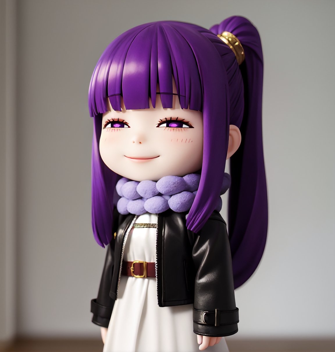 Masterpiece, highest quality, high resolution, PVC, rendering, chibi, high resolution, solo girl, fern, long hair, bangs, (purple eyes:1.1), purple hair, sidelocks, blunt bangs, (bright pupils:1.5), half updo , skirt, long sleeves, jacket, belt, scarf, coat, fur trim, black belt, smile, selfish target, chibi, mediterranean cityscape, smile, smile, self-righteousness, whole body, chibi, 3D figure, toy, doll, character Print, Front View, Natural Light, ((Real)) 1.2)), Dynamic Pose, Medium Movement, Perfect Cinematic Lighting, Perfect Composition, Fern, Frieren: Beyond Journey's End