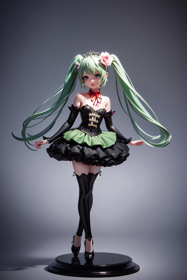 ((1 female)), Hatsune Miku, petite girl, full body, chibi, 3D figure little girl, green hair, twin tails, beautiful girl with attention to detail, beautiful delicate eyes, detailed face, beautiful eyes,neck ribbon, crown of thorns, thorns, (green cape, dress flower), detached sleeves, hair flower, hair ornament, long sleeves, black corset, long skirt, green dress, rose, strapless dress, long skirt, thighhighs, thighlet, green nails, dress flower, black thighhighs, female action poses,  detail, dynamic dancing pose, dynamic pose, Gothic architecture, natural light, ((realistic) ) Quality: 1.2 )), Dynamic Distance Shot, Cinematic Lighting, Perfect Composition, Super Detail, Official Art, Masterpiece, (Best) Quality: 1.3), Reflections, High Resolution CG Unity 8K Wallpaper, Detailed Background, Masterpiece, (Photorealistic): 1.2), Random Angle, Side Angle, Chibi, Full Body, Mikdef,destiny /(takt op./)