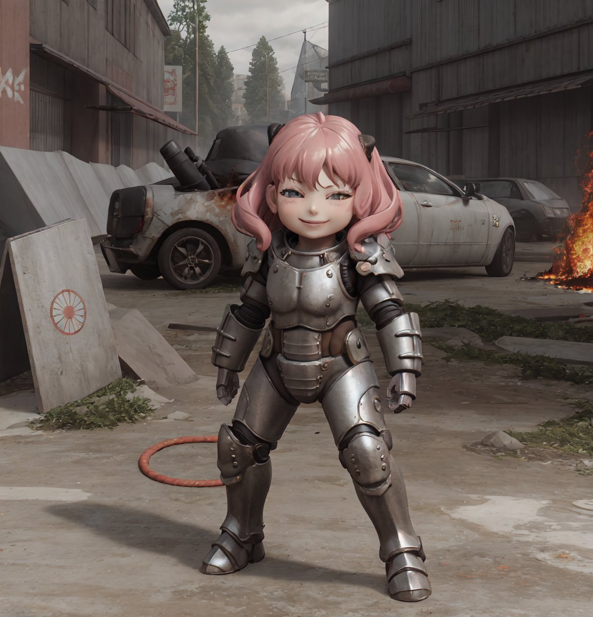 masterpiece, best quality, high resolution, PVC, render, chibi, high resolution, single woman, Anya Forger, pink hair, bob hair, without a helmet on, standing in a burning forest, fully armored with helmet on, (shiny armor:1.1), graffiti background, grey eyes, smiling, selfish target, fighting stance, chibi, prohibition era city, smiling, grinning, self-satisfied, full body, chibi, 3d figure, toy, doll, character print, front view, natural light, ((realistic)) 1.2)), dynamic pose, medium movement, perfect cinematic perfect lighting, perfect composition, Anya Forger Spy x Family, , spider_oc,cassandra