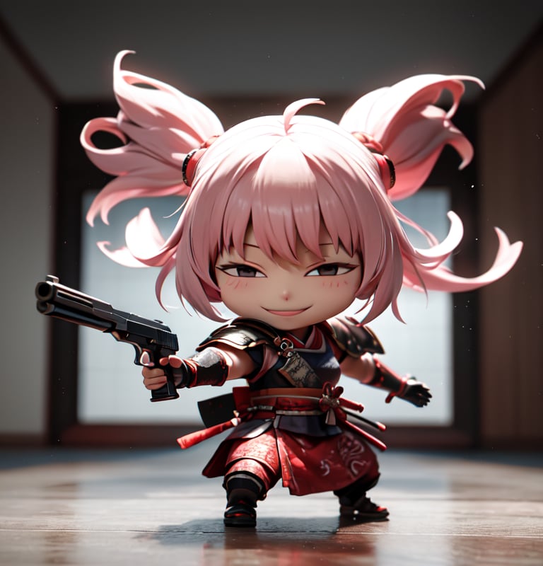 masterpiece, top quality, high resolution, PVC, render, chibi, high resolution, 1 girl, solo, Anya Forger, pink hair, bob hair, Samurai from the Sengoku period of Japan, wearing traditional Samurai armor, pink Samurai armor, holding a pistol, dual pistols, female action pose, grey eyes, smiling, selfish target, chibi, Mediterranean cityscape, smiling, smiling, smugness, full body, chibi, 3d figure, toy, doll, character print, front view, natural light, ((realistic)) 1.2)), dynamic pose, medium movement, perfect cinematic perfect lighting, perfect composition, anya_forger_spyxfamily, samurai, holding a pistol, dual pistols, armor, xuer pistol