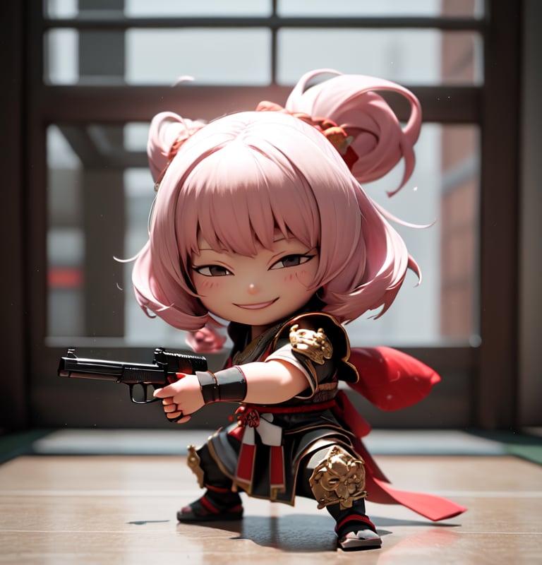 masterpiece, top quality, high resolution, PVC, render, chibi, high resolution, 1 girl, solo, Anya Forger, pink hair, bob hair, Samurai from the Sengoku period of Japan, wearing traditional Samurai armor, pink Samurai armor, holding a pistol, dual pistols, female action pose, grey eyes, smiling, selfish target, chibi, Mediterranean cityscape, smiling, smiling, smugness, full body, chibi, 3d figure, toy, doll, character print, front view, natural light, ((realistic)) 1.2)), dynamic pose, medium movement, perfect cinematic perfect lighting, perfect composition, anya_forger_spyxfamily, samurai, holding a pistol, dual pistols, armor, xuer pistol