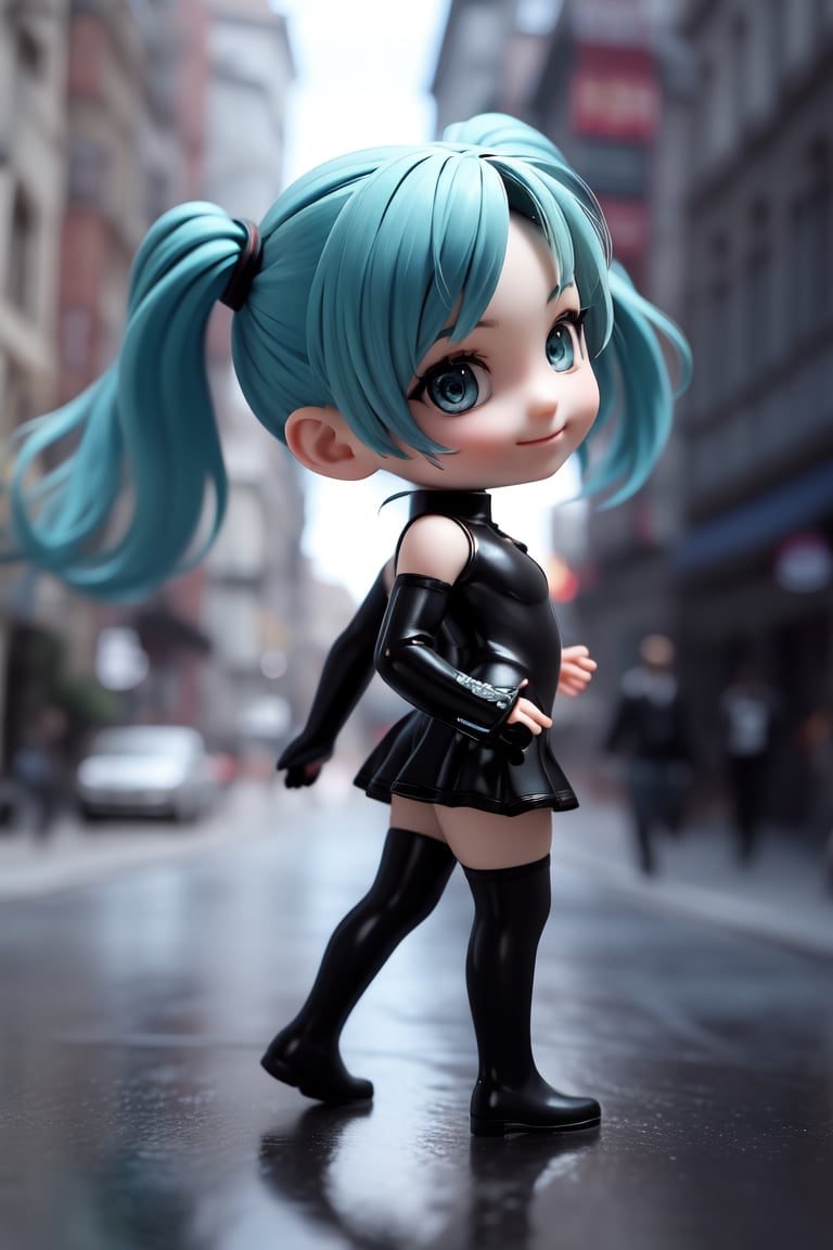 ((1 person)), Hatsune Miku, petite girl, full body, chibi, 3D figure girl, green hair, twin tails, beautiful girl with great detail, beautiful and delicate eyes, detailed face, beautiful eyes, black Spider Man costum,, wicked smile, dynamic beautiful pose, dynamic pose, gothic architecture, natural light, ((realistic)) quality: 1.2), dynamic distance shot, cinematic lighting, perfect composition, super detail, official art, masterpiece, (best) quality: 1.3), reflection, high resolution CG Unity 8K wallpaper, detailed background, masterpiece, (photorealistic) : 1.2), random angle, side angle, chibi, full body, mikdef, hogrobe