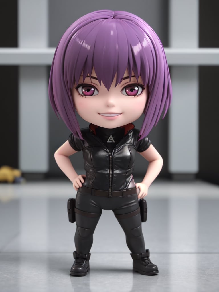 Masterpiece, highest quality, high resolution, PVC, rendering, chibi, high resolution, single girl, Motoko Kusanagi, Ghost in the Shell, trench coat, pink hair, bob hair, smile, selfish, chibi, smile, grin, self justice, full body , Chibi, 3D Figure, Toy, Doll, Character Print, Front View, Natural Light, ((Real)) Quality: 1.2)), Dynamic Pose, Cinematic Lighting, Perfect Composition, motoko2045wz