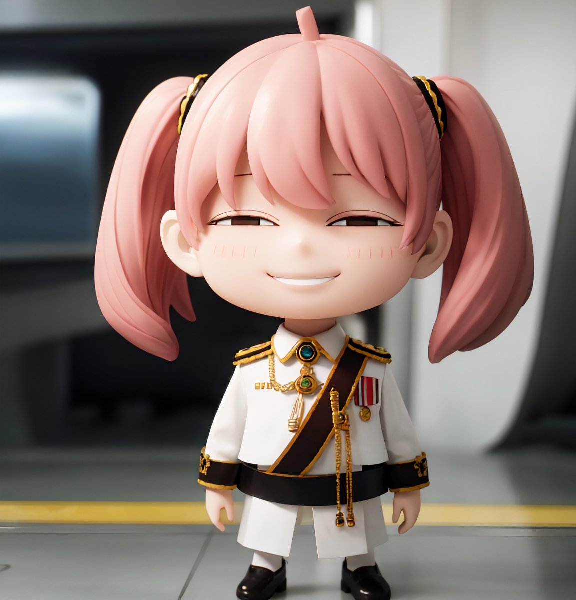 Masterpiece, Top Quality, High Resolution, PVC, Rendering, Chibi, High Resolution, One Girl, Anya Forger, Pink Hair, Bob Hair, Naval Officer Uniform, Gray Eyes, Smile, Selfish Target, Chibi, On an aircraft carrier, smile, smile, self-righteousness, full body, chibi, 3D figure, toy, doll, character print, front view, natural light, ((real)) 1.2)), dynamic pose, medium movement, perfect movie Like lighting, perfect composition, officer uniform, anya_forger_spyxfamily, JediOutfit,