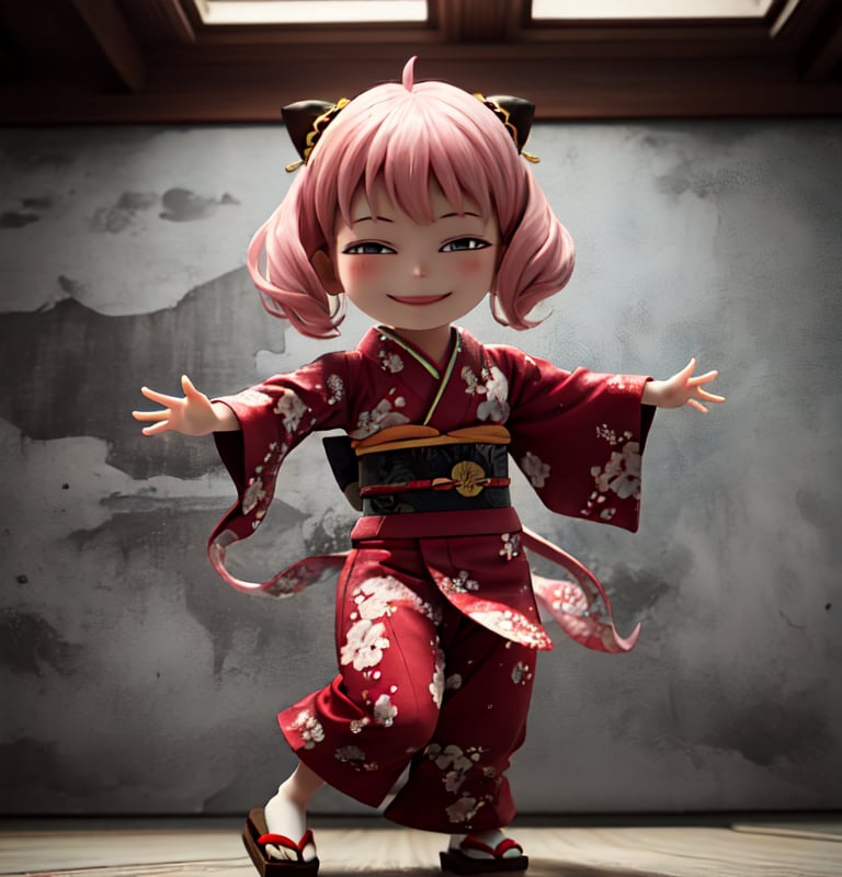 masterpiece,best quality,high resolution,pvc,rendered,chibi,high resolution,1 girl,solo,Anya Forger,pink hair,bob hair,japanese kimono,traditional woman wearing kimono,pink kimono,dancing japanese dance,female action pose,grey eyes,smiling,selfish target,chibi,mediterranean cityscape,smiling,smiling,smugness,full body,chibi,3d figure,toy,doll,character print,front view,natural light,((realistic)) 1.2)),dynamic pose,medium movement,perfect cinematic perfect lighting,perfect composition,anya_forger_spyxfamily,xuer martial arts