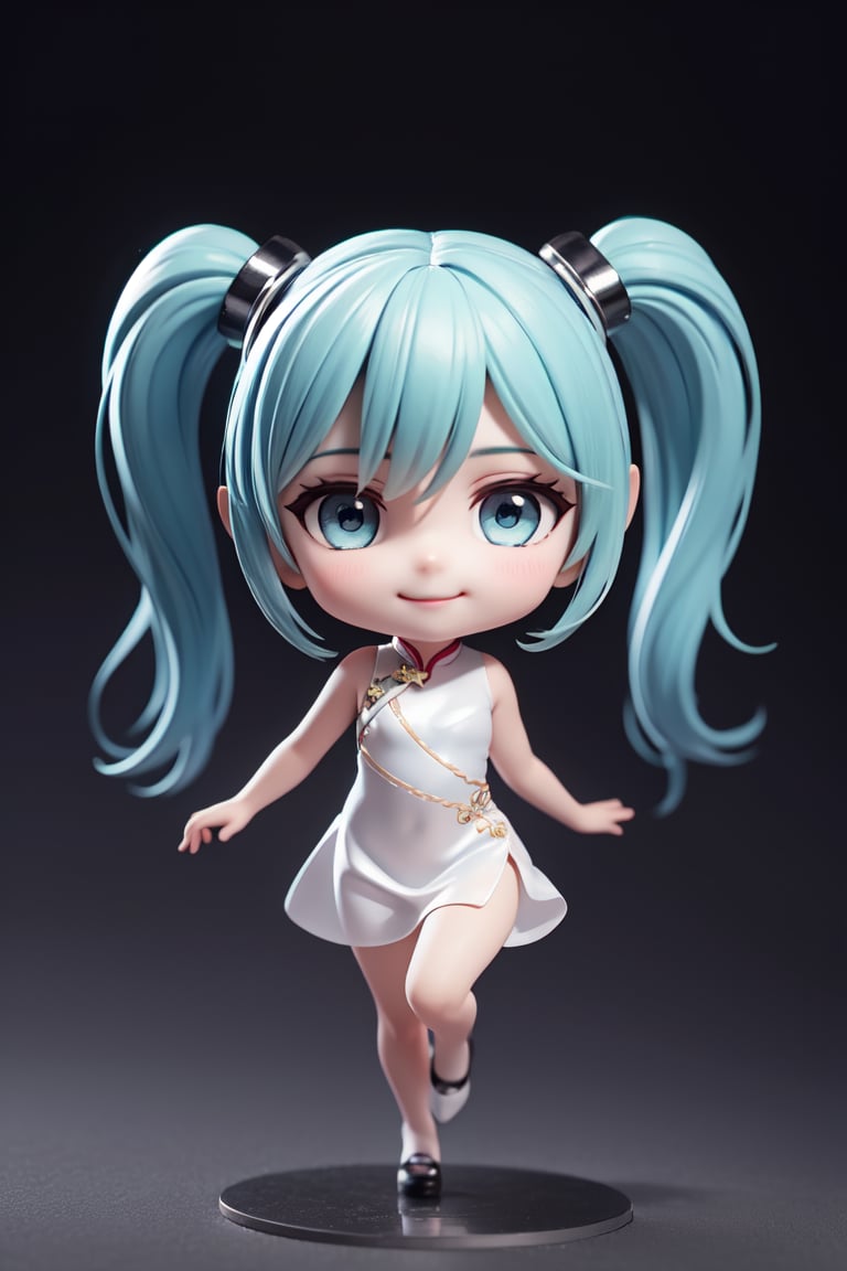 ((1 woman)), Hatsune Miku, petite girl, full body, chibi, 3D figure girl, green hair, twin tails, beautiful girl with great detail, beautiful delicate eyes, detailed face, beautiful eyes, chibi, (evil smile: 1.2), white cheongsam, starry black background, female action pose, detail, dynamic dance pose, dynamic pose, gothic architecture, natural light, ((realistic)) quality: 1.2), dynamic distance shot, cinematic lighting, perfect composition, super detail, official art, masterpiece, (best) quality: 1.3), reflection, high resolution CG Unity 8K wallpaper, detailed background, masterpiece, (photorealistic): 1.2), random angle, side angle, chibi, full body, Mikdef, destiny /(takt op./), cheongsam