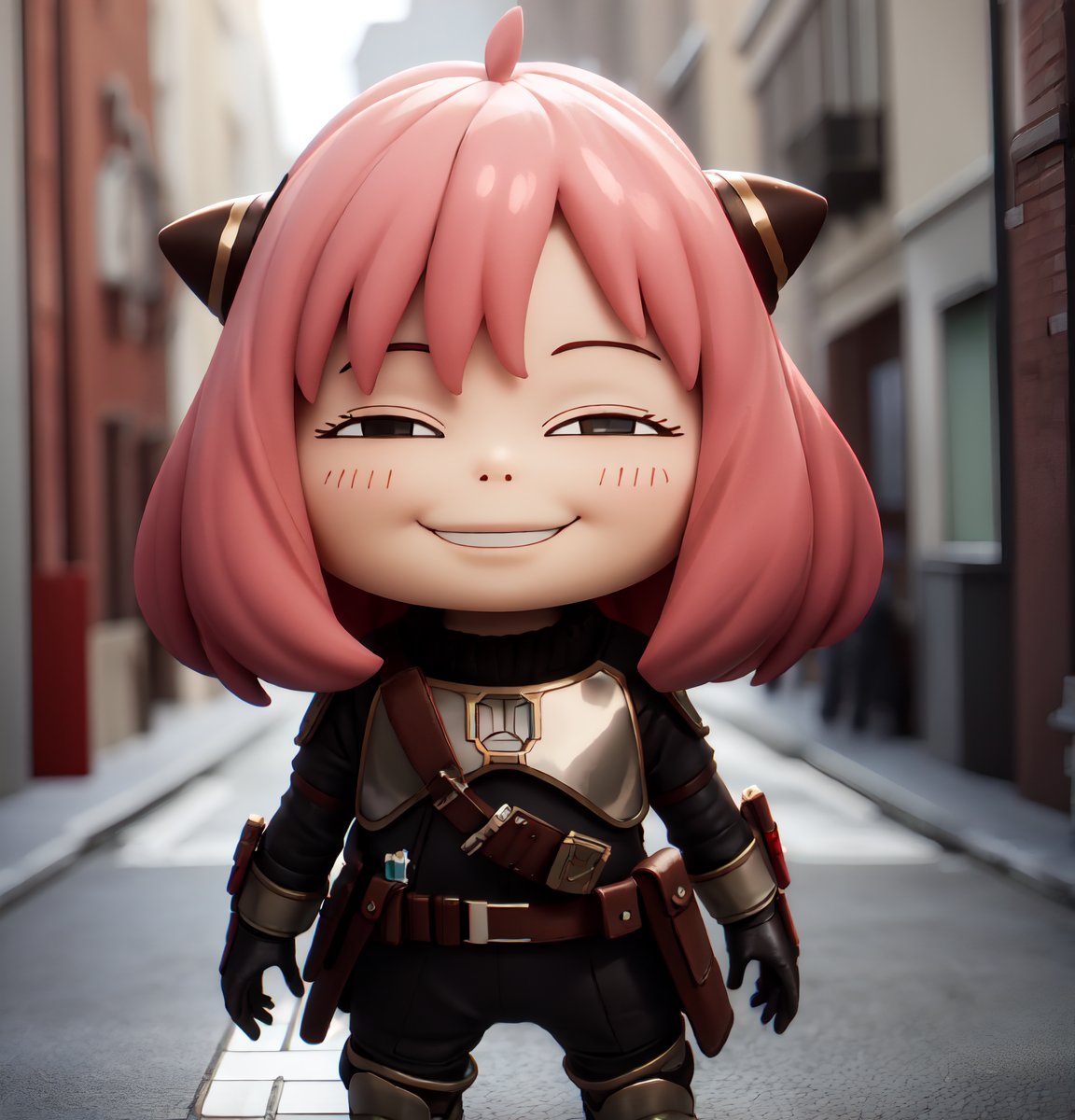 masterpiece, top quality, high resolution, PVC, render, chibi, high resolution, single woman, Anya Forger, pink hair, bob hair, Mandalorian costume, no helmet, Mandalorian armor, grey eyes, smiling, selfish target, chibi, prohibition era streetscape, smiling, grinning, self-satisfied, full body, chibi, 3d figure, toy, doll, character print, front view, natural light, ((realistic)) 1.2)), dynamic pose, medium movement, perfect cinematic perfect lighting, perfect composition, Anya Forger spy x family, StarWMandalorian