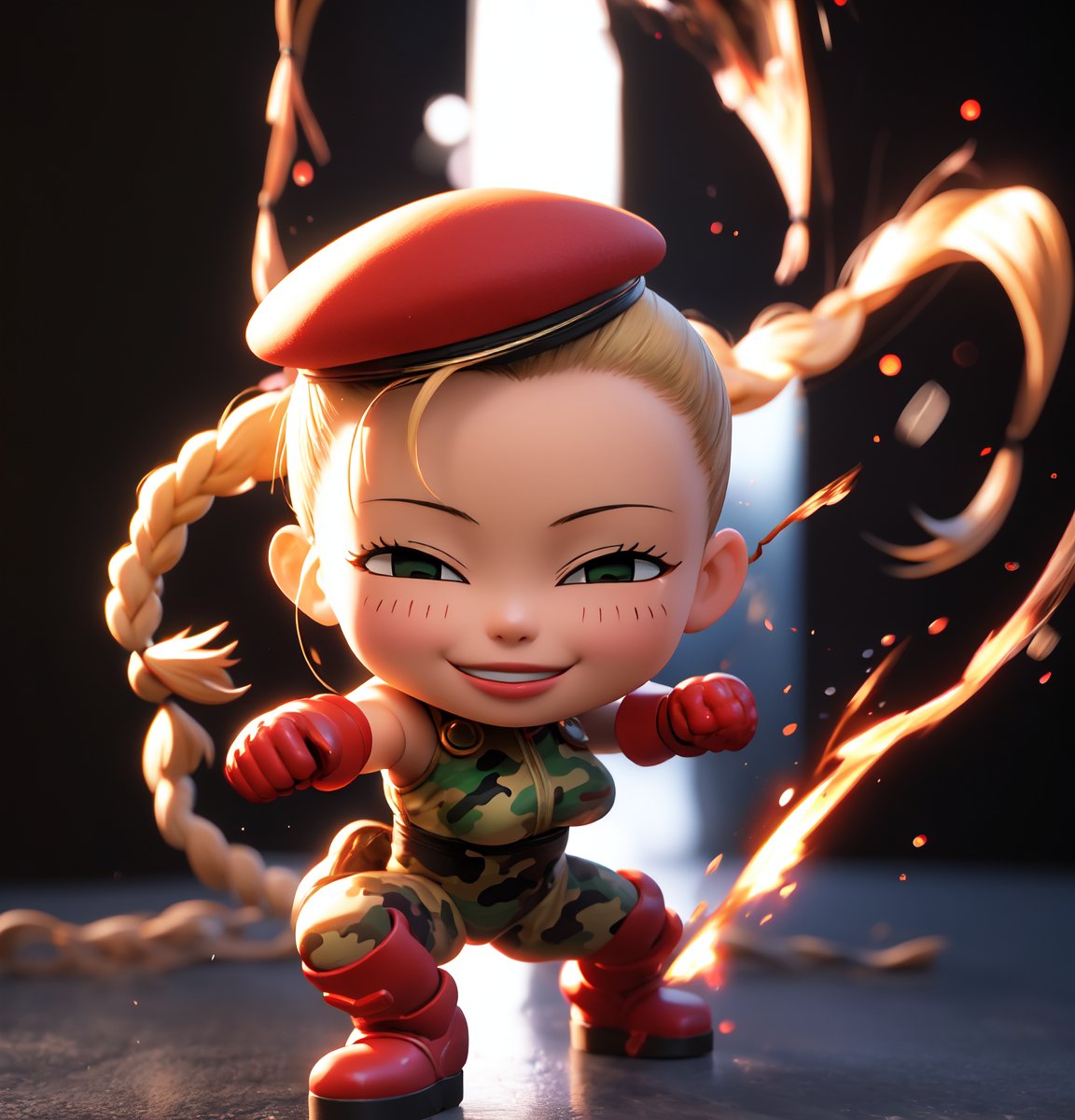 masterpiece, best quality, high resolution, PVC, render, chibi, high resolution, single woman, Street Fighter, cammy, Cammy White (character name), red beret, camouflage face paint, confident smile, legendary fighting, skills, martial arts expert,lightning ,(Black background:1.5),1girl,solo,fighting stance,, solo, fighting stance,  smiling, selfish target, chibi, persona 3 world, smiling, grinning, self-satisfied, full body, chibi, 3D figure, toy, doll, character print, front view, natural light, ((realistic)) 1.2)), dynamic pose, medium movement, perfect cinematic perfect lighting, perfect composition, chunlims,CAMMY