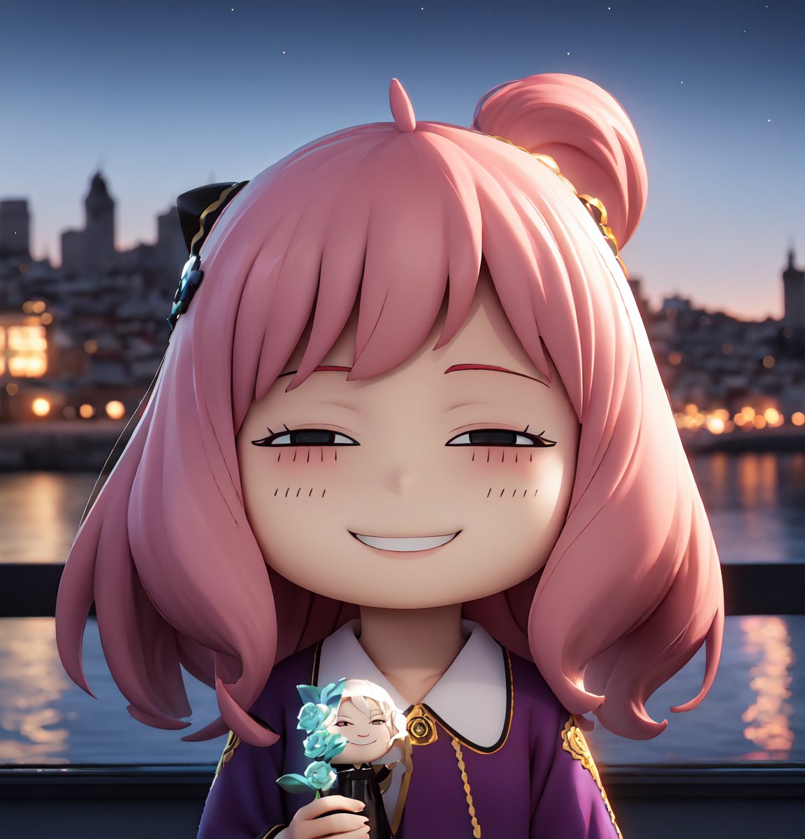 masterpiece, top quality, high resolution, PVC, render, chibi, high resolution, single woman, Anya Forger, pink hair, bob hair, purple dress, holding purple bouquet, grey eyes, smiling, selfish target, chibi, Mediterranean cityscape, smiling, smiling, self-satisfied, full body, chibi, 3d figure, toy, doll, character print, front view, natural light, ((realistic)) 1.2)), dynamic pose, medium movement, perfect cinematic perfect lighting, perfect composition, Anya Forger spy x family, glowing, night sky, wrench flare