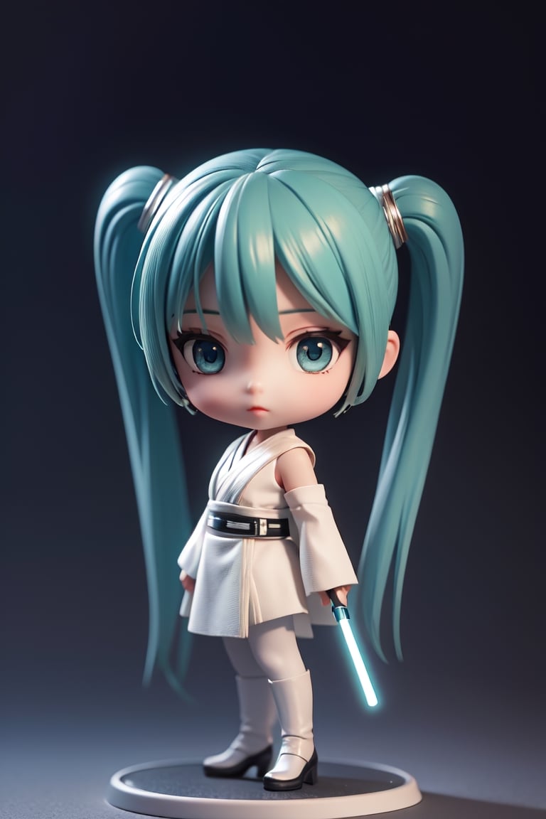 ((1 female)), Hatsune Miku, petite girl, whole body, chibi, 3D figure little girl, green hair, twin tails, beautiful girl with attention to detail, beautiful delicate eyes, detailed face, beautiful eyes, Jedi robe , holding a green lightsaber, dynamic beautiful pose, Star Wars world, natural light, ((real) ) quality: 1.2 )), dynamic long distance shots, cinematic lighting, perfect composition, super detail, Official Art, Masterpiece, (Best) Quality: 1.3), Reflections, High Resolution CG Unity 8K Wallpaper, Detailed Background, Masterpiece, (Photorealistic): 1.2), Random Angle, ((Jedi Outfit 1.4)), Side Angle , chibi, full body, mikdef., in Jedi costume