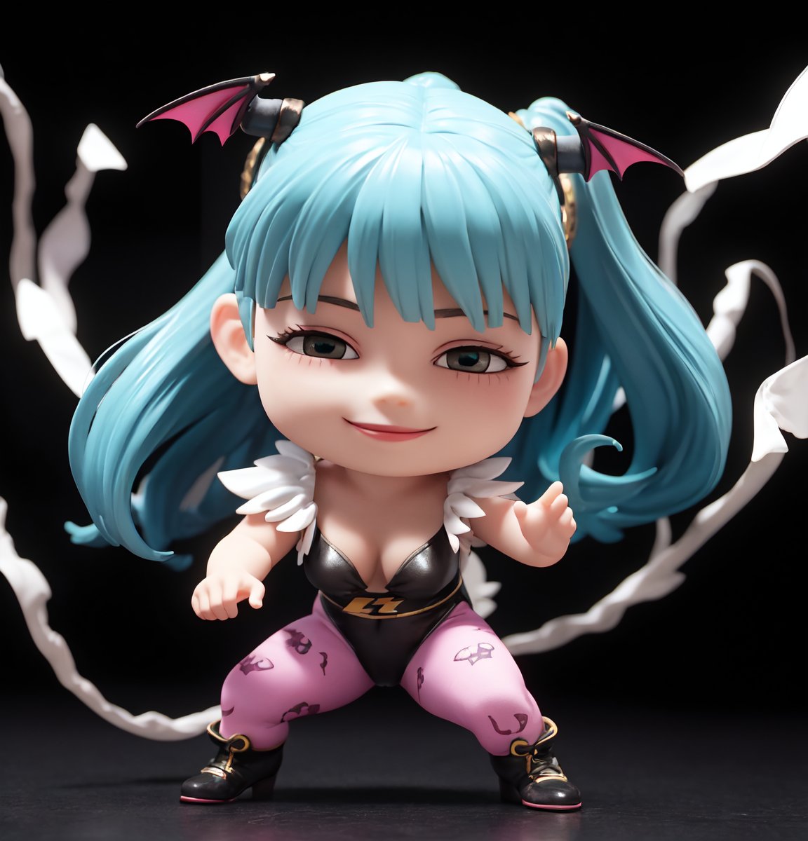 masterpiece, best quality, high resolution, PVC, render, chibi, high resolution, single woman, morrigan ,(lightning enveloped the body:1.3), Long blue cheongsam,(Black background:1.5),1girl,solo,chun-li,dynamic posture,spike bracelet,fighting stance,, solo, fighting stance, dress, bracelet, ribbon, pants, blue pants, makeup, short sleeves, wide hips, thick thighs, smiling, selfish target, chibi, persona 3 world, smiling, grinning, self-satisfied, full body, chibi, 3D figure, toy, doll, character print, front view, natural light, ((realistic)) 1.2)), dynamic pose, medium movement, perfect cinematic perfect lighting, perfect composition, chunlims,chun-li,morrigan aensland