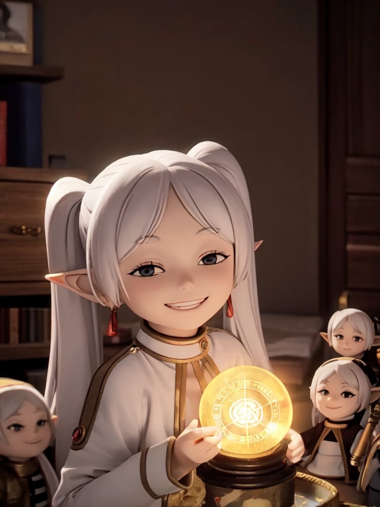 Masterpiece, highest quality, high resolution, PVC, rendering, chibi, high resolution, solo girl, elf girl, Freelen Beyond the end of the journey, Freelen, Funeral Freelen, silver hair, twin tails, magic wand in hand, Drawing a magical circle , floating in the air, magic circle, magic circle, smile, selfishness, chibi, smile, grin, self-righteousness, whole body, chibi, 3D figure, toy, doll, character print, front, natural light, ((real)) quality: 1.2)) , Dynamic Pose, Movie Perfect Lighting, Perfect Composition, Fantasy Cityscape Free Ren Light, ((Real)) Quality: 1.2)), Dynamic Pose, Cinematic Lighting, Perfect Composition, Free Ren, Fantasy World City