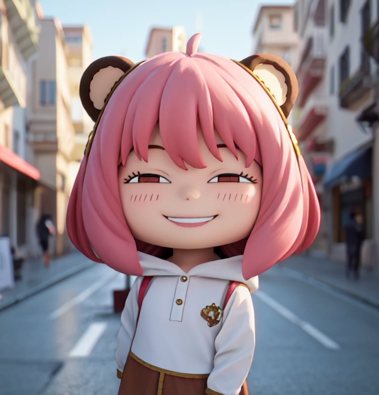 masterpiece,best quality,high resolution,pvc,rendering,chibi,high resolution,one girl,anya forger,pink hair,bob hair, brown bear costume,gray eyes,smiling,selfish target,chibi,mediterranean cityscape,smiling,smiling,smugness,full body,chibi,3d figure,toy,doll,character print,front view,natural light,((realistic)) 1.2)),dynamic pose,medium movement,perfect cinematic perfect lighting,perfect composition,costume,anya_forger_spyxfamily,,bear costume