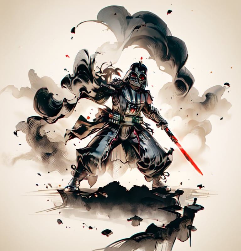 masterpiece, top quality, high resolution, PVC, render, chibi, high resolution, , solo, Darth Vader, samurai Darth Vader, samurai from the warring states period of Japan, wearing traditional samurai armor, holding sword, action pose, samurai fighting stance, selfish target, chibi, ancient battlefield, , self-righteousness, full body, chibi, 3d figure, toy, doll, character print, front view, natural light, ((realistic)) 1.2)), dynamic pose, medium movement, perfect cinematic perfect lighting, perfect composition, , samurai, holding sword, armor, Darth Vader, ink painting,chinkstyle