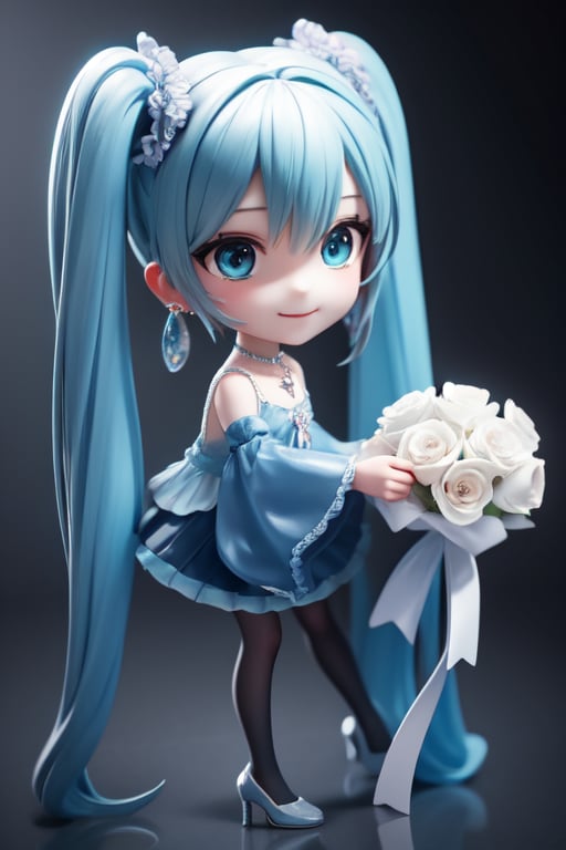 ((1 person)), Hatsune Miku, petite girl, full body, chibi, 3D figure girl, green hair, twin tails, beautiful girl with great detail, beautiful and delicate eyes, detailed face, beautiful eyes, embroidery, accessories, necklace, earrings, holding a white bouquet, red flower confetti background, reflection, evil smile, red and black dress, frills, detachable sleeves, frilly choker, , jewelry details, dynamic beautiful pose, dynamic pose, gothic architecture, natural light, ((realistic)) quality: 1.2), dynamic distance shot, cinematic lighting, perfect composition, super detail, official art, masterpiece, (best) quality: 1.3), reflection, high resolution CG Unity 8K wallpaper, detailed background, masterpiece, (photorealistic): 1.2), random angle, side angle, chibi, full body, mikdef, lencifer flare,lemon0030,lace trim,see-through,veil