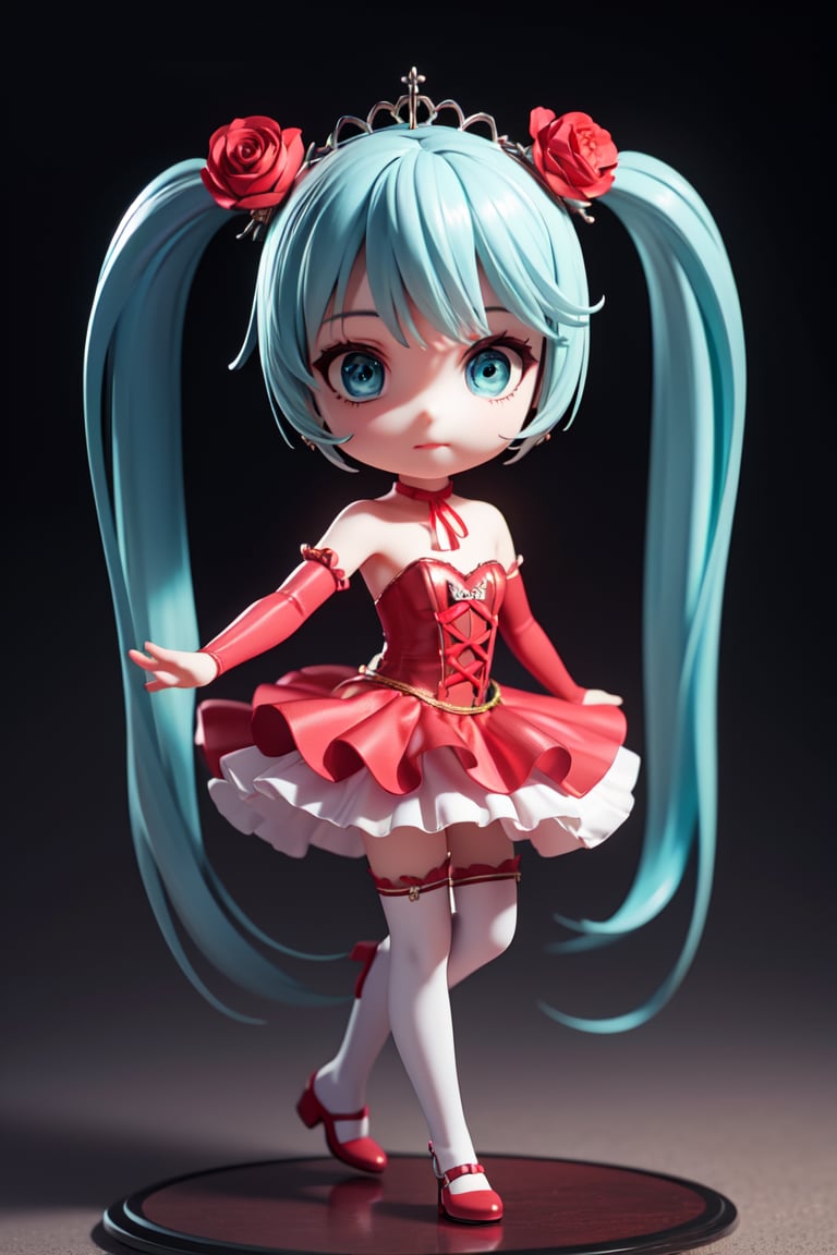 ((1 female)), Hatsune Miku, petite girl, full body, chibi, 3D figure little girl, green hair, twin tails, beautiful girl with attention to detail, beautiful delicate eyes, detailed face, beautiful eyes,neck ribbon, crown of thorns, thorns, (red cape, dress flower), detached sleeves, hair flower, hair ornament, long sleeves, black corset, long skirt, red dress, rose, strapless dress, long skirt, thighhighs, thighlet, red nails, dress flower, black thighhighs, female action poses,  detail, dynamic dancing pose, dynamic pose, Gothic architecture, natural light, ((realistic) ) Quality: 1.2 )), Dynamic Distance Shot, Cinematic Lighting, Perfect Composition, Super Detail, Official Art, Masterpiece, (Best) Quality: 1.3), Reflections, High Resolution CG Unity 8K Wallpaper, Detailed Background, Masterpiece, (Photorealistic): 1.2), Random Angle, Side Angle, Chibi, Full Body, Mikdef,destiny /(takt op./)