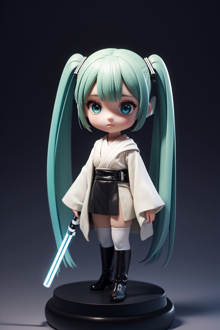 ((1 female)), Hatsune Miku, petite girl, whole body, chibi, 3D figure little girl, green hair, twin tails, beautiful girl with attention to detail, beautiful delicate eyes, detailed face, beautiful eyes, Jedi robe , holding a green lightsaber, dynamic beautiful pose, Star Wars world, natural light, ((real) ) quality: 1.2 )), dynamic long distance shots, cinematic lighting, perfect composition, super detail, Official Art, Masterpiece, (Best) Quality: 1.3), Reflections, High Resolution CG Unity 8K Wallpaper, Detailed Background, Masterpiece, (Photorealistic): 1.2), Random Angle, ((Jedi Outfit 1.4)), Side Angle , chibi, full body, mikdef., in Jedi costume