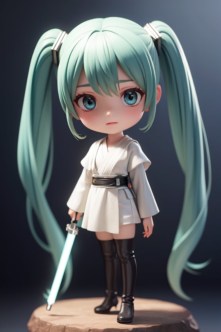 ((1 female)), Hatsune Miku, petite girl, whole body, chibi, 3D figure little girl, green hair, twin tails, beautiful girl with attention to detail, beautiful delicate eyes, detailed face, beautiful eyes, Jedi robe , holding a green lightsaber, dynamic beautiful pose, Star Wars world, natural light, ((real) ) quality: 1.2 )), dynamic long distance shots, cinematic lighting, perfect composition, super detail, Official Art, Masterpiece, (Best) Quality: 1.3), Reflections, High Resolution CG Unity 8K Wallpaper, Detailed Background, Masterpiece, (Photorealistic): 1.2), Random Angle, ((Jedi Outfit 1.4)), Side Angle , chibi, full body, mikdef., in Jedi costume