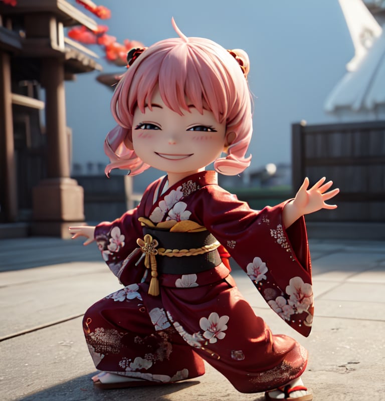 masterpiece,best quality,high resolution,pvc,rendered,chibi,high resolution,1 girl,solo,Anya Forger,pink hair,bob hair,japanese kimono,traditional woman wearing kimono,pink kimono,dancing japanese dance,female action pose,grey eyes,smiling,selfish target,chibi,mediterranean cityscape,smiling,smiling,smugness,full body,chibi,3d figure,toy,doll,character print,front view,natural light,((realistic)) 1.2)),dynamic pose,medium movement,perfect cinematic perfect lighting,perfect composition,anya_forger_spyxfamily,xuer martial arts