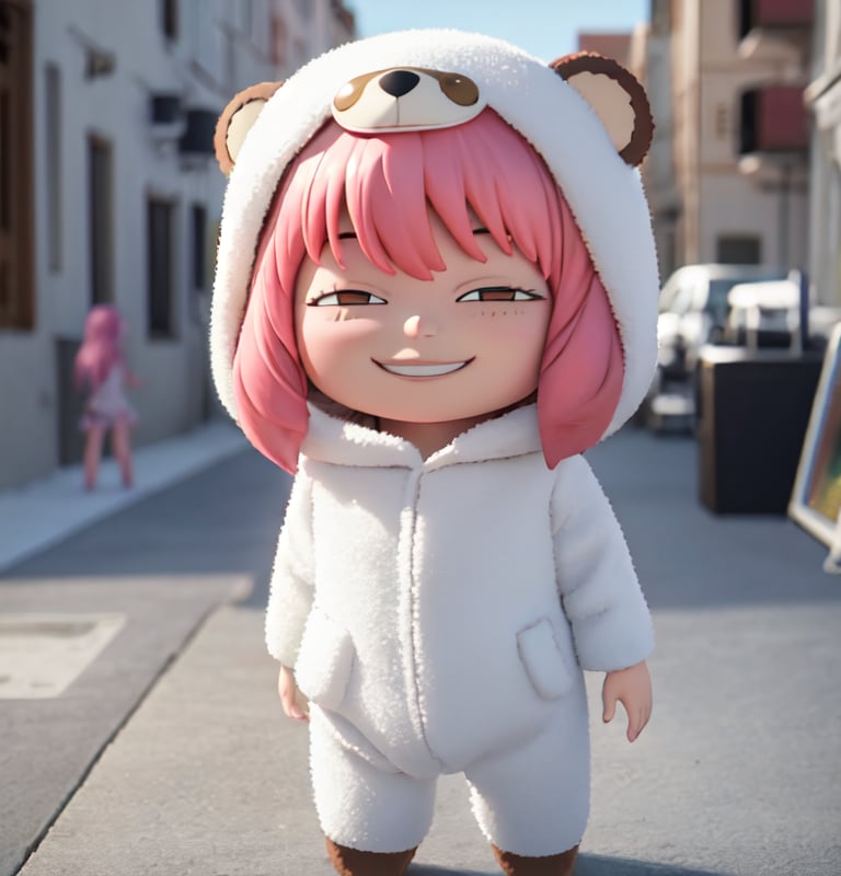 masterpiece,best quality,high resolution,pvc,rendering,chibi,high resolution,one girl,anya forger,pink hair,bob hair, brown bear costume,gray eyes,smiling,selfish target,chibi,mediterranean cityscape,smiling,smiling,smugness,full body,chibi,3d figure,toy,doll,character print,front view,natural light,((realistic)) 1.2)),dynamic pose,medium movement,perfect cinematic perfect lighting,perfect composition,costume,anya_forger_spyxfamily,,bear costume