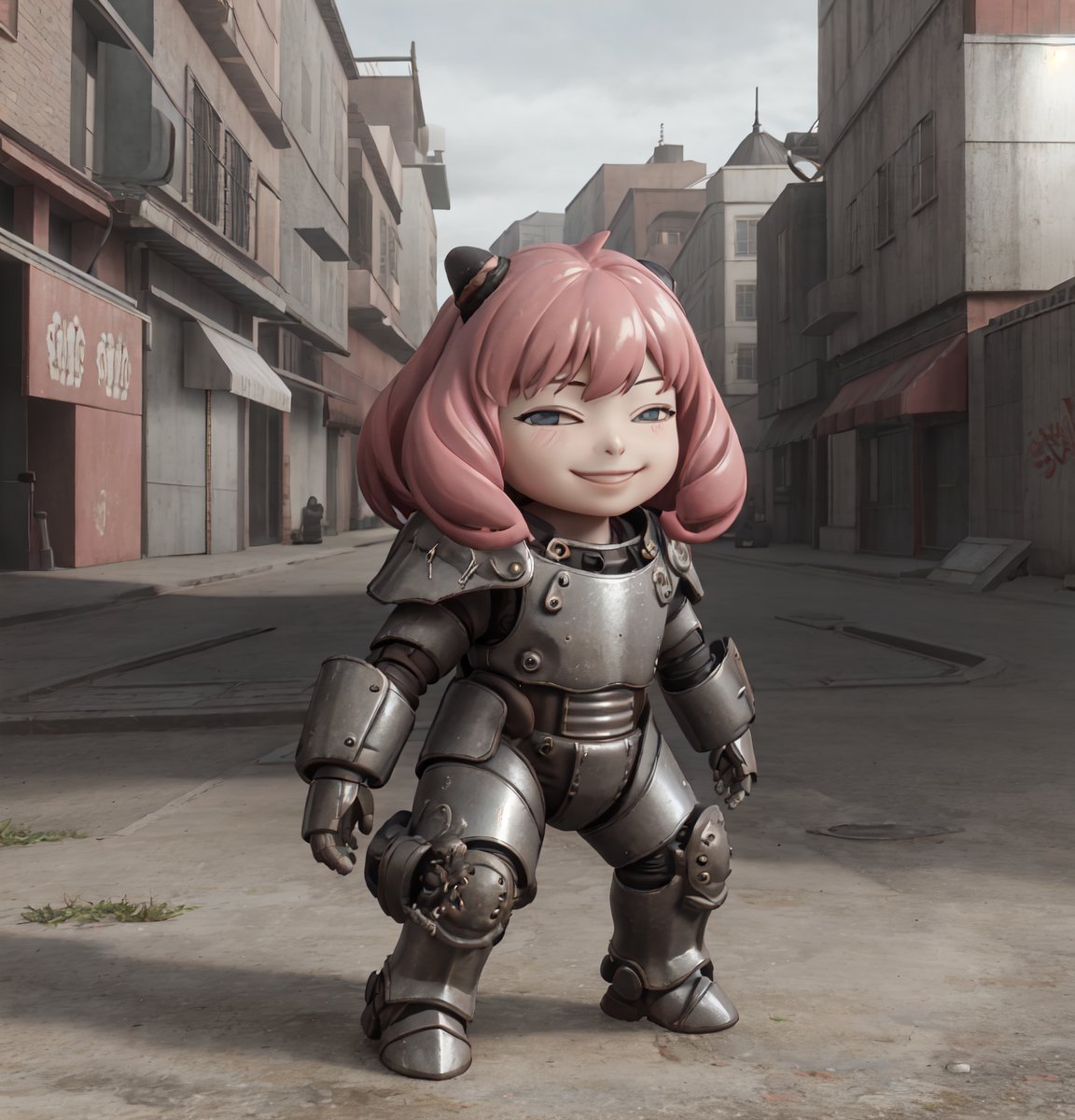 masterpiece, best quality, high resolution, PVC, render, chibi, high resolution, single woman, Anya Forger, pink hair, bob hair, without a helmet on, standing in a burning forest, fully armored with helmet on, (shiny armor:1.1), graffiti background, grey eyes, smiling, selfish target, fighting stance, chibi, prohibition era city, smiling, grinning, self-satisfied, full body, chibi, 3d figure, toy, doll, character print, front view, natural light, ((realistic)) 1.2)), dynamic pose, medium movement, perfect cinematic perfect lighting, perfect composition, Anya Forger Spy x Family, , spider_oc,cassandra