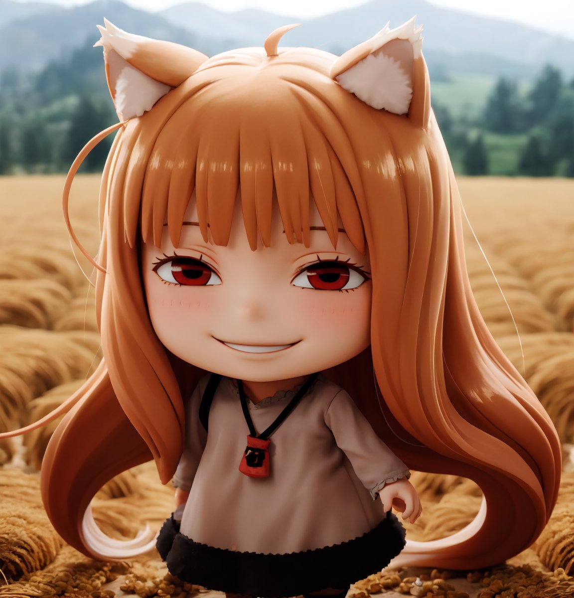 masterpiece, best quality, high resolution, PVC, render, chibi, high resolution, single woman, holo, long hair, brown hair, animal ears, red eyes, wolf tail, necklace, dress, , smiling face, wheat field, selfish target, chibi, smiling face, self-satisfied, full body, chibi, 3D figure, toy, doll, character print, front view, natural light, ((realistic)) 1.2)), dynamic pose, medium movement, perfect cinematic perfect lighting, perfect composition, holo anime2024, one girl,1girl