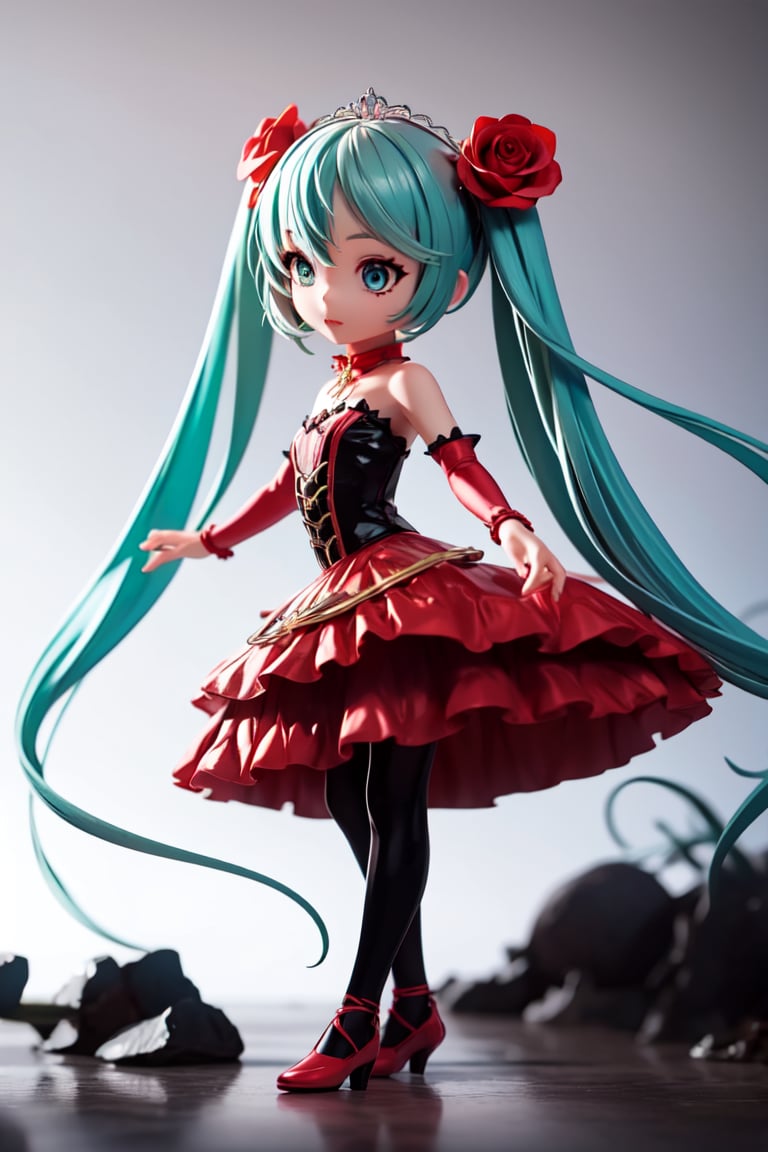 ((1 female)), Hatsune Miku, petite girl, full body, chibi, 3D figure little girl, green hair, twin tails, beautiful girl with attention to detail, beautiful delicate eyes, detailed face, beautiful eyes,neck ribbon, crown of thorns, thorns, (red cape, dress flower), detached sleeves, hair flower, hair ornament, long sleeves, black corset, long skirt, red dress, rose, strapless dress, long skirt, thighhighs, thighlet, red nails, dress flower, black thighhighs, female action poses,  detail, dynamic dancing pose, dynamic pose, Gothic architecture, natural light, ((realistic) ) Quality: 1.2 )), Dynamic Distance Shot, Cinematic Lighting, Perfect Composition, Super Detail, Official Art, Masterpiece, (Best) Quality: 1.3), Reflections, High Resolution CG Unity 8K Wallpaper, Detailed Background, Masterpiece, (Photorealistic): 1.2), Random Angle, Side Angle, Chibi, Full Body, Mikdef,destiny /(takt op./)