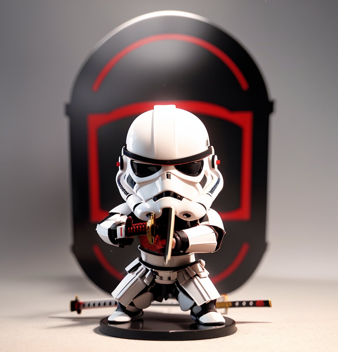 masterpiece, top quality, high resolution, PVC, render, chibi, high resolution, , solo, Stormtrooper, red and black  samurai stormtrooper, white armor, samurai from the Sengoku period of Japan, wearing traditional samurai armor, samurai sword, holding samurai sword, action pose, samurai fighting stance, selfish target, chibi, ancient battlefield, , self-righteousness, full body, chibi, 3d figure, toy, doll, character print, front view, natural light, ((realistic)) 1.2)), dynamic pose, medium movement, perfect cinematic perfect lighting, perfect composition, , samurai, holding samurai sword, armor, stormtrooper,storm trooper