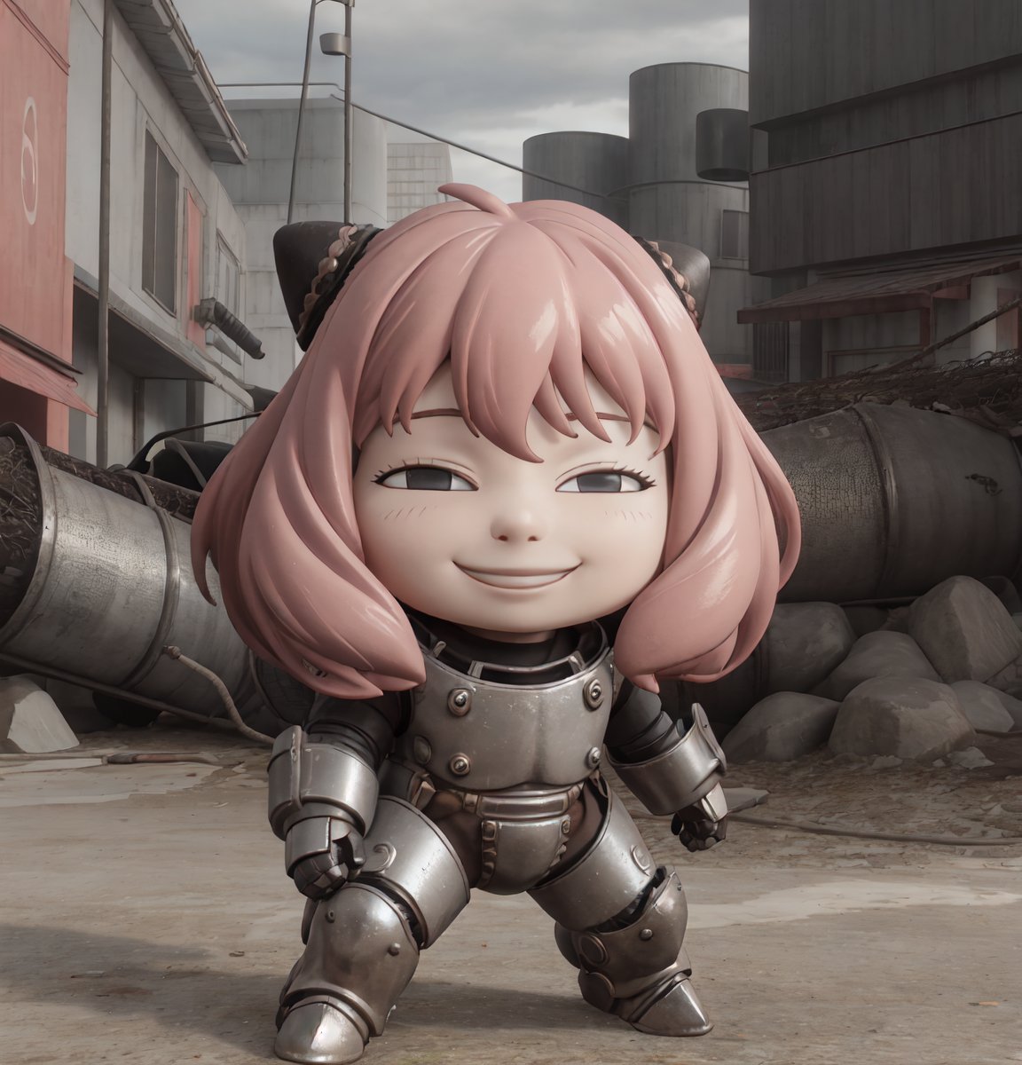 masterpiece, best quality, high resolution, PVC, render, chibi, high resolution, single woman, Anya Forger, pink hair, bob hair, without a helmet on, standing in a burning forest, fully armored with helmet on, (shiny armor:1.1), graffiti background, grey eyes, smiling, selfish target, fighting stance, chibi, prohibition era city, smiling, grinning, self-satisfied, full body, chibi, 3d figure, toy, doll, character print, front view, natural light, ((realistic)) 1.2)), dynamic pose, medium movement, perfect cinematic perfect lighting, perfect composition, Anya Forger Spy x Family, , spider_oc,cassandra