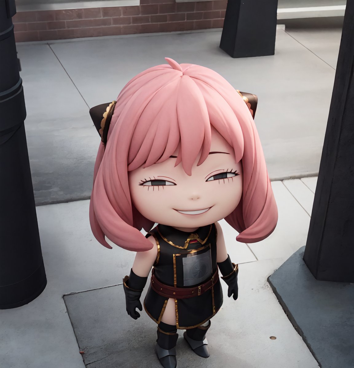 masterpiece, top quality, high resolution, PVC, render, chibi, high resolution, single woman, Anya Forger, pink hair, bob hair, sthoutfit, armor, grey eyes, smiling, selfish target, chibi, prohibition era streetscape, smiling, grinning, self-satisfied, full body, chibi, 3d figure, toy, doll, character print, front view, natural light, ((realistic)) 1.2)), dynamic pose, medium movement, perfect cinematic perfect lighting, perfect composition, Anya Forger spy x family, sthoutfit